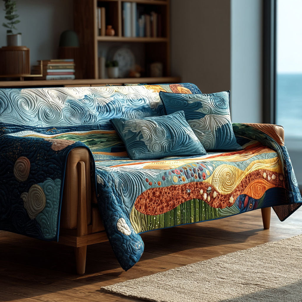 Shoreline Flow Quilted Sofa Cover Couch Protector Best Gifts For Ocean Lovers - Tradiviet