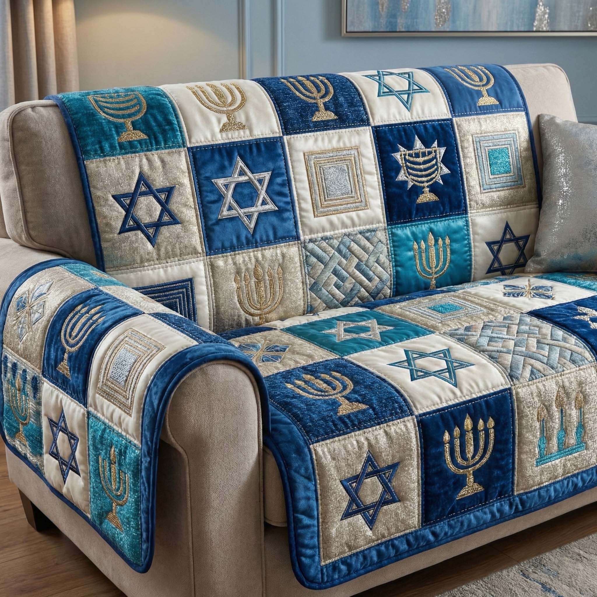 Silver Menorah Quilted Sofa Cover Faith Home Couch Cover Present For House Lovers - Tradiviet