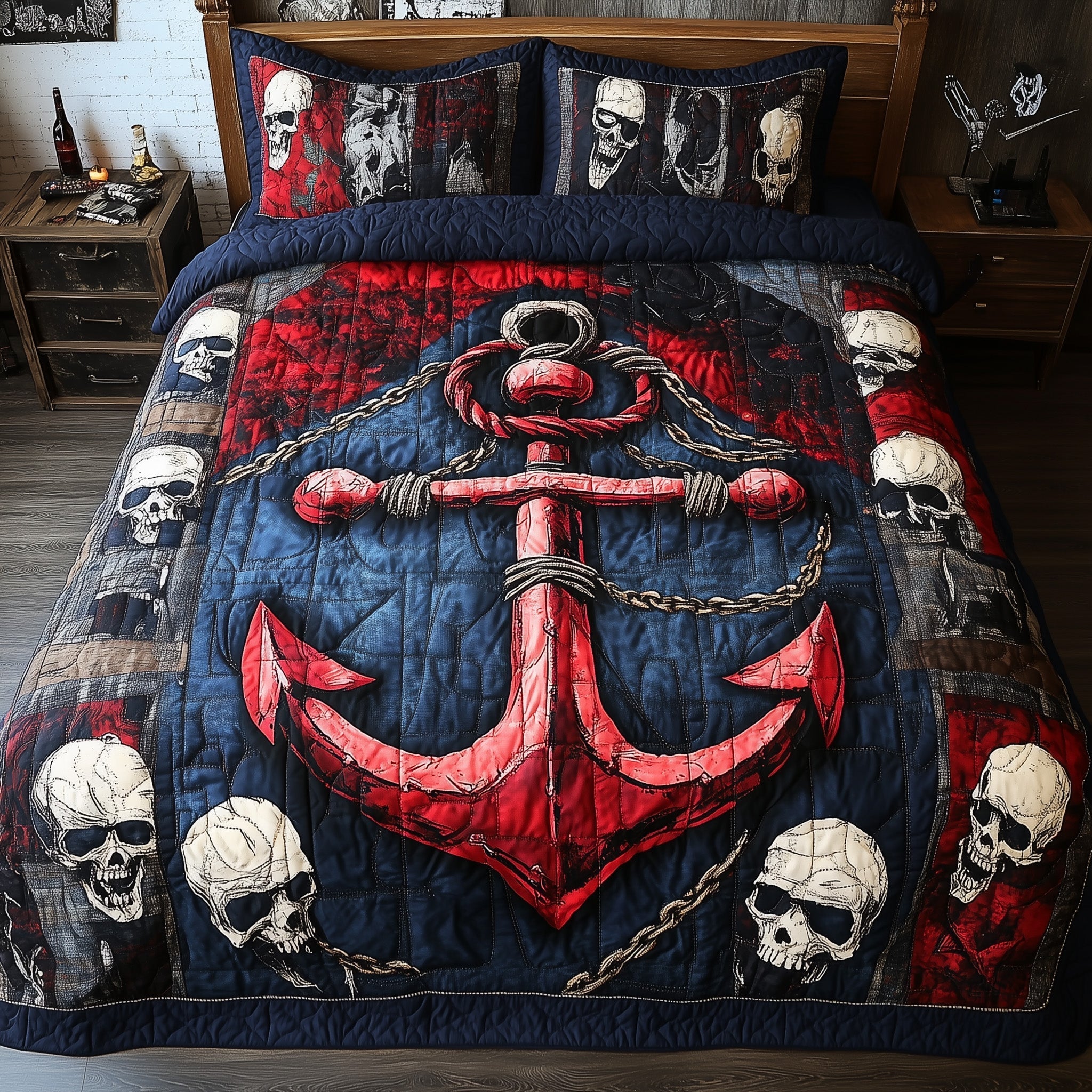 Skull Anchor Quilted Bedding Set Skull Anchor Bedscape Gift For Anchor Mom - Tradiviet