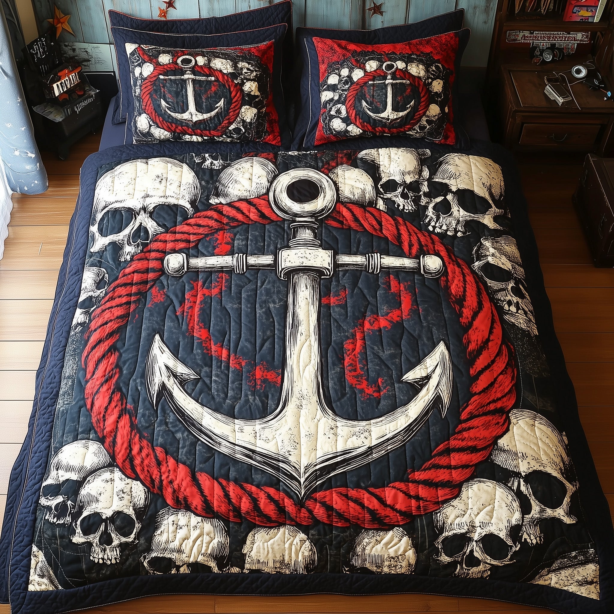 Skull Anchor Quilted Bedding Set Skull Anchor Celebration Gift For Anchor Dad - Tradiviet