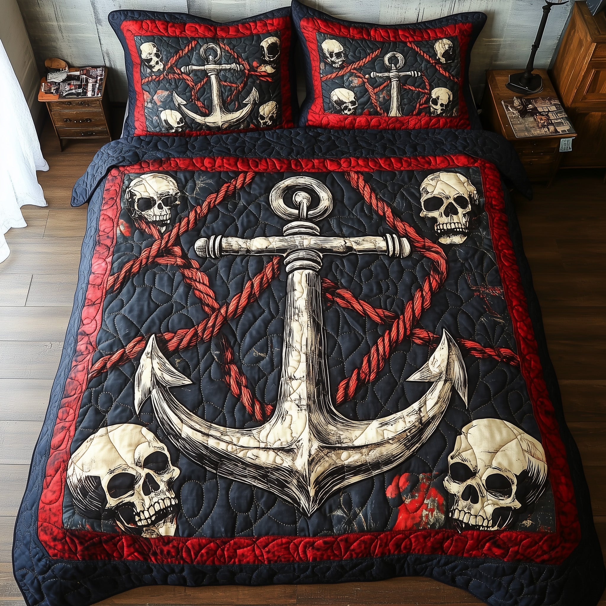 Skull Anchor Quilted Bedding Set Skull Anchor Classic Gift For Anchor Husband - Tradiviet