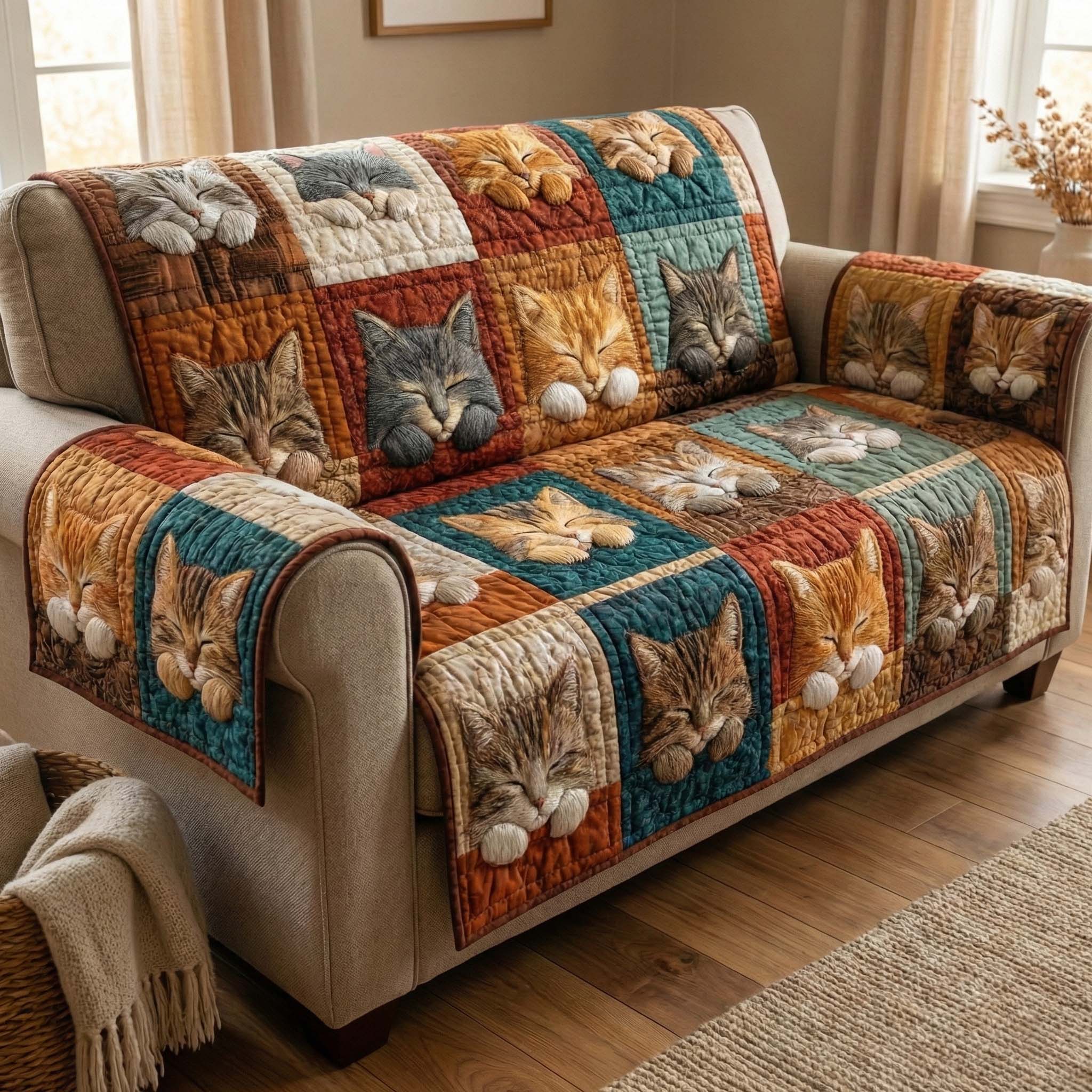 Sleepy Cats Quilted Sofa Cover Cat Home Couch Cover Trendy Room Decor Gifts - Tradiviet