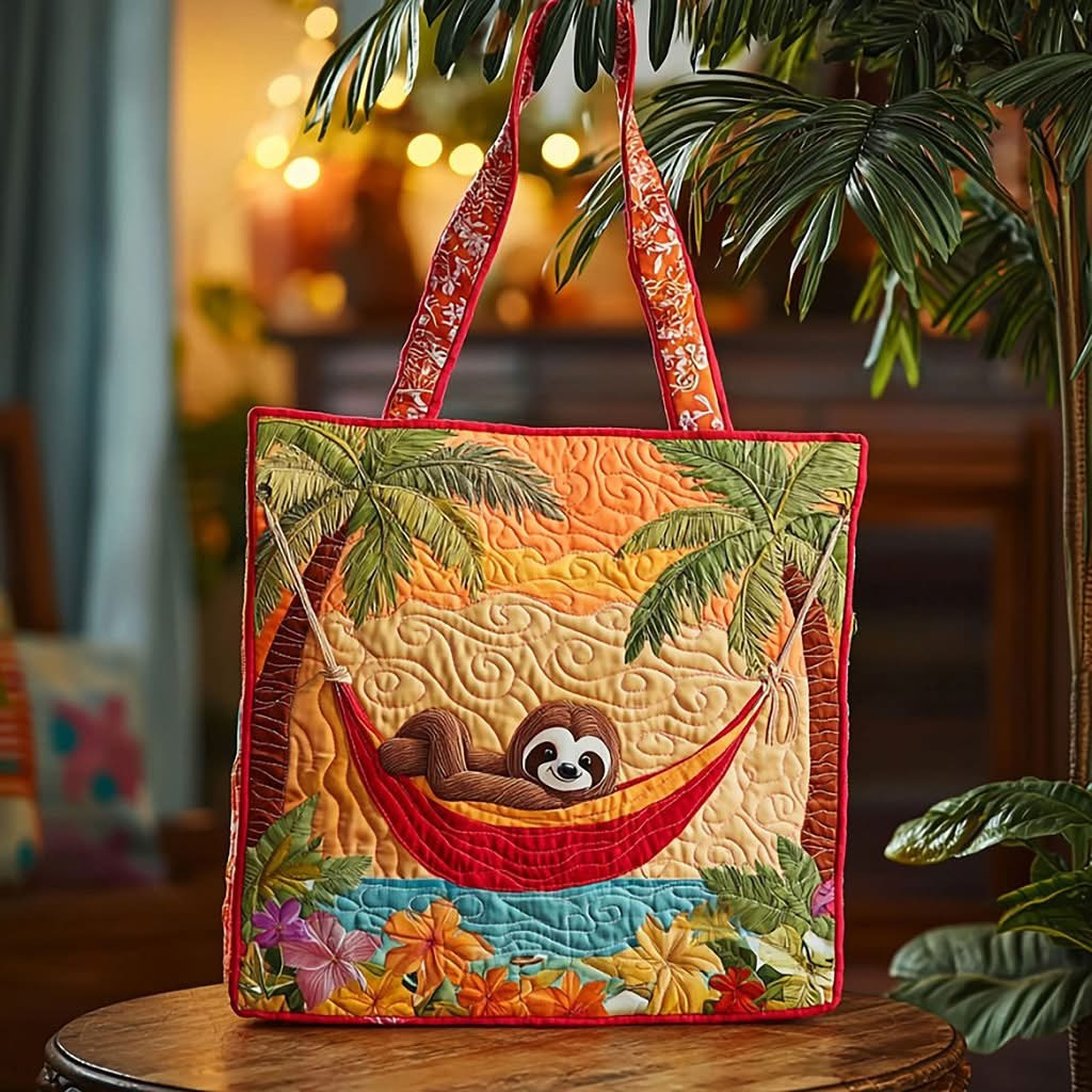 Sloth Tropical Summer Quilted Tote Bag Warm Tones Tote Bag Gifts For Sloth Lovers - Tradiviet