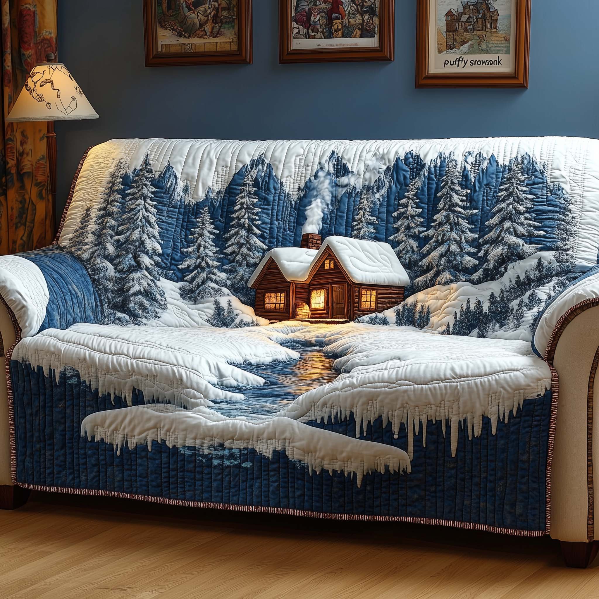 Smoky Cabin Quilted Sofa Cover Cabin Home Couch Cover Home Gift For Him - Tradiviet