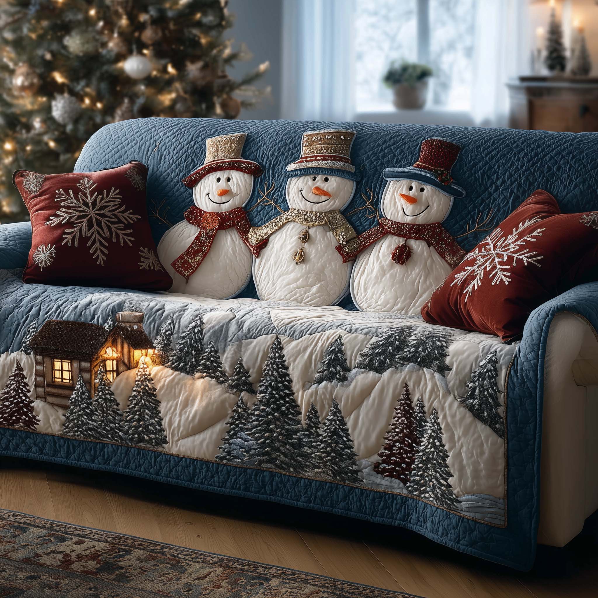 Snow Family Quilted Sofa Cover Christmas Home Couch Cover Present For Home Lovers - Tradiviet