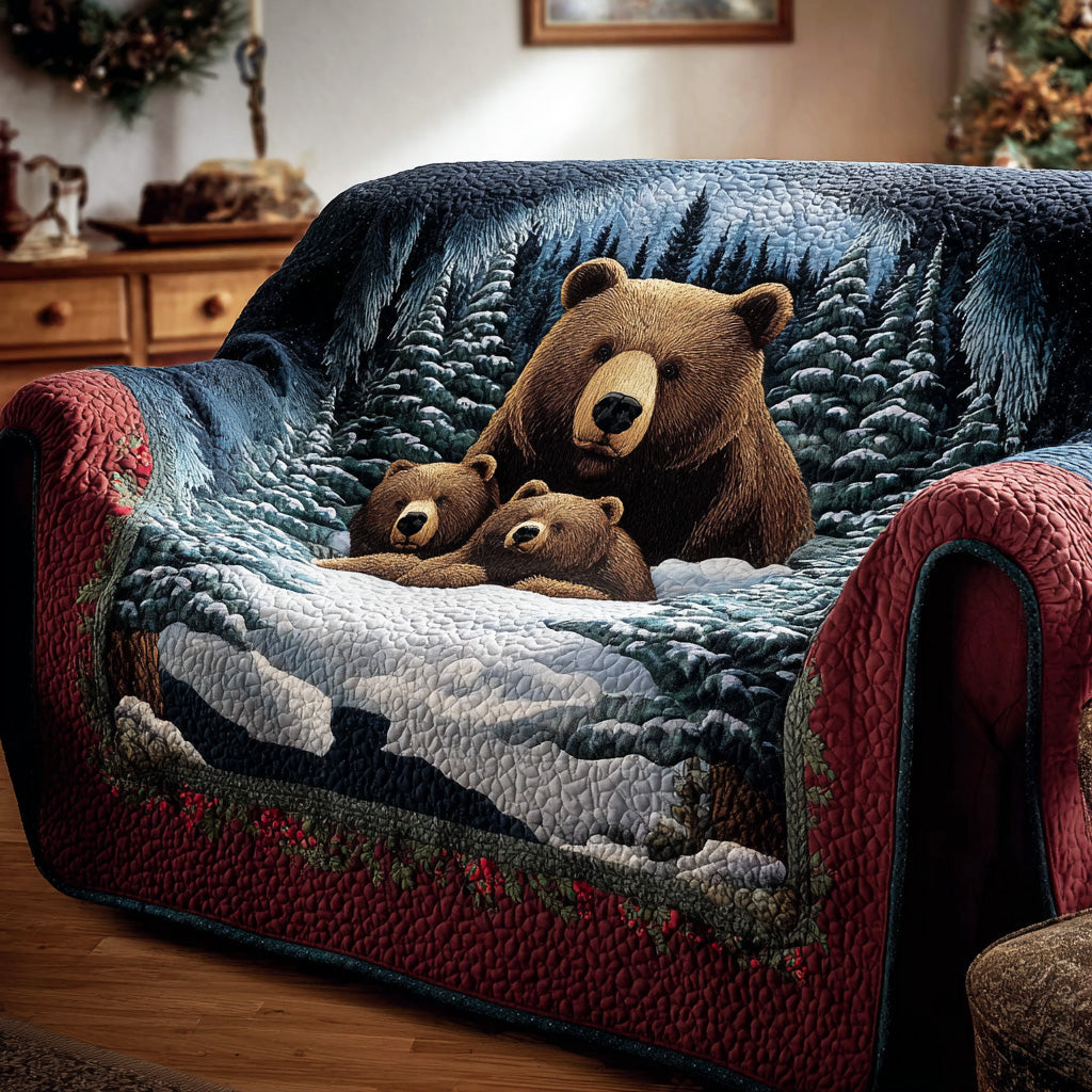 Snow Peak Bear Quilted Sofa Cover Neutral Home Room Decor Perfect Bear Lover Presents - Tradiviet