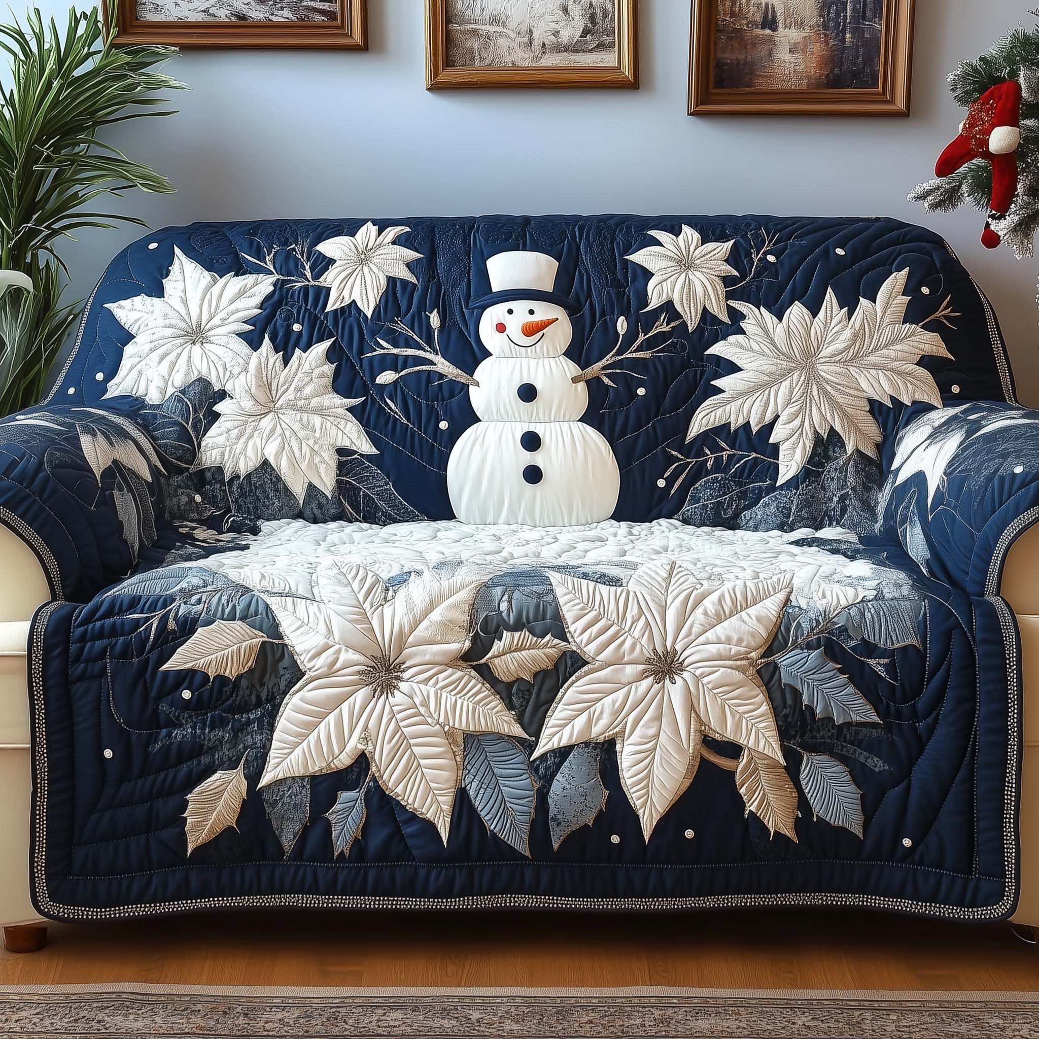 Snowman Quilted Sofa Cover Christmas Home Couch Cover Gift For Home Decorators - Tradiviet