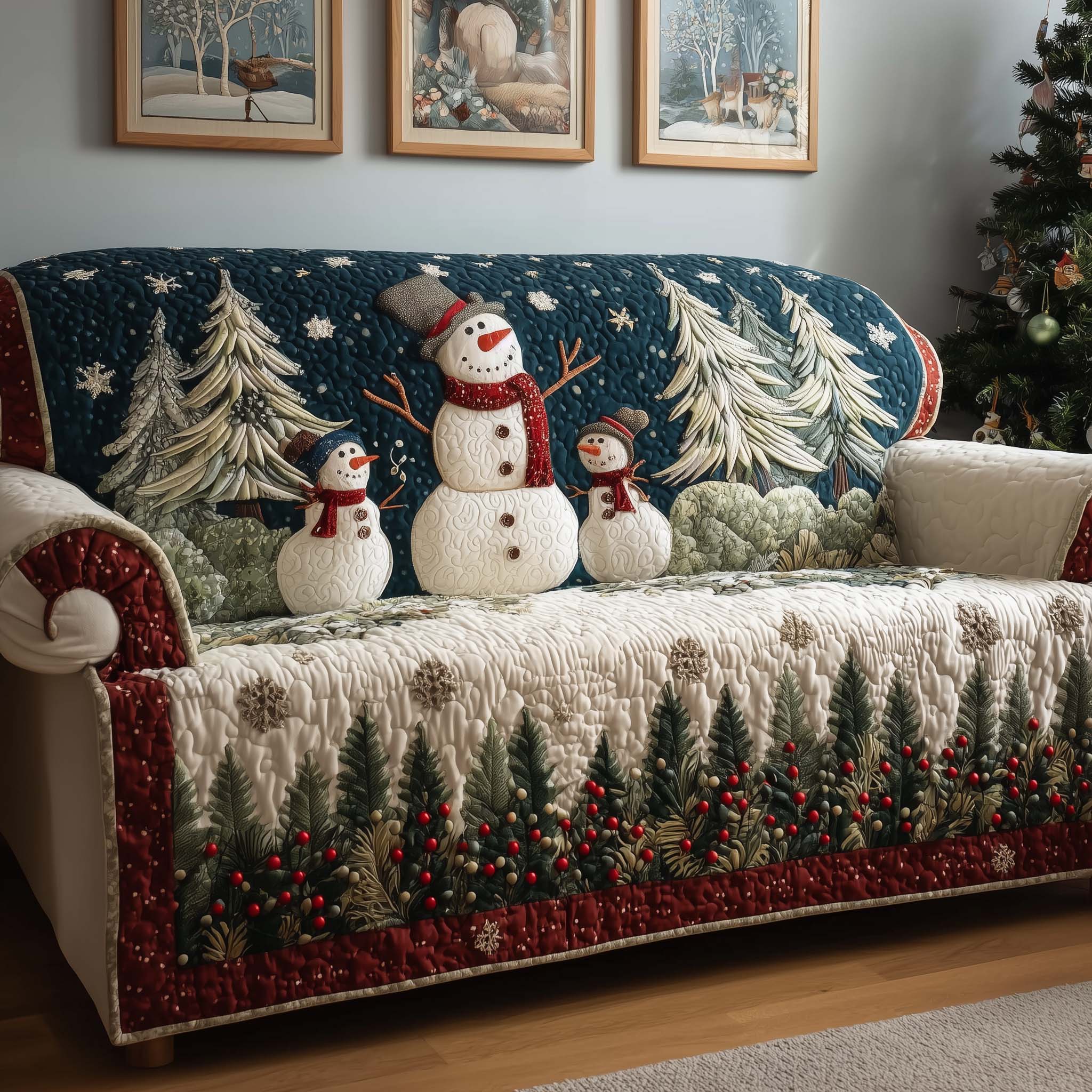 Snowman Quilted Sofa Cover Christmas Home Couch Cover Present For Home Lovers - Tradiviet