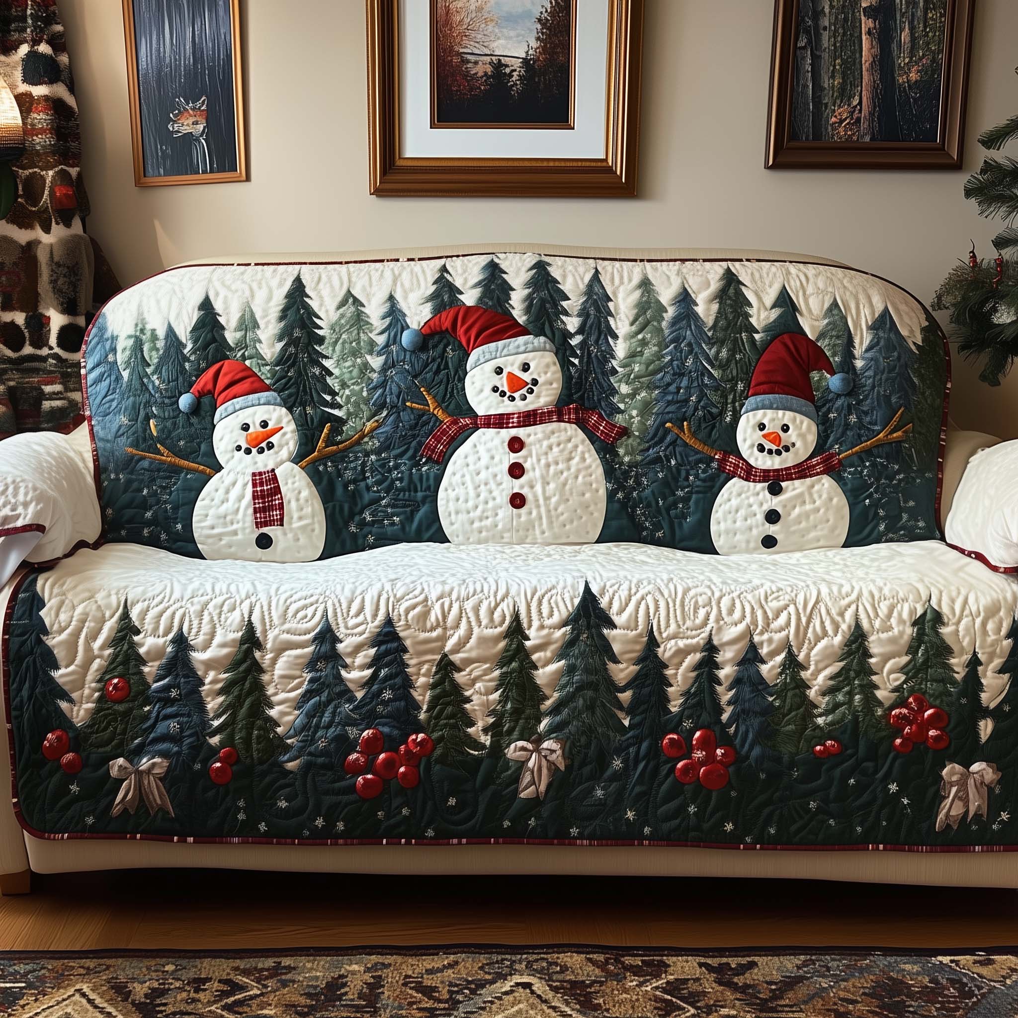 Snowman Quilted Sofa Cover Christmas Home Couch Cover Unique Home Decor Gifts - Tradiviet