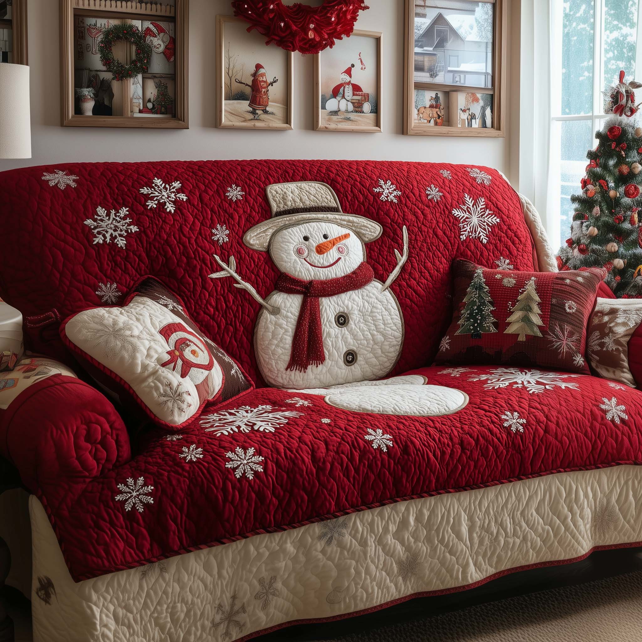 Snowman Quilted Sofa Cover Christmas Home Couch Cover Unique Housewarming Gift Ideas - Tradiviet
