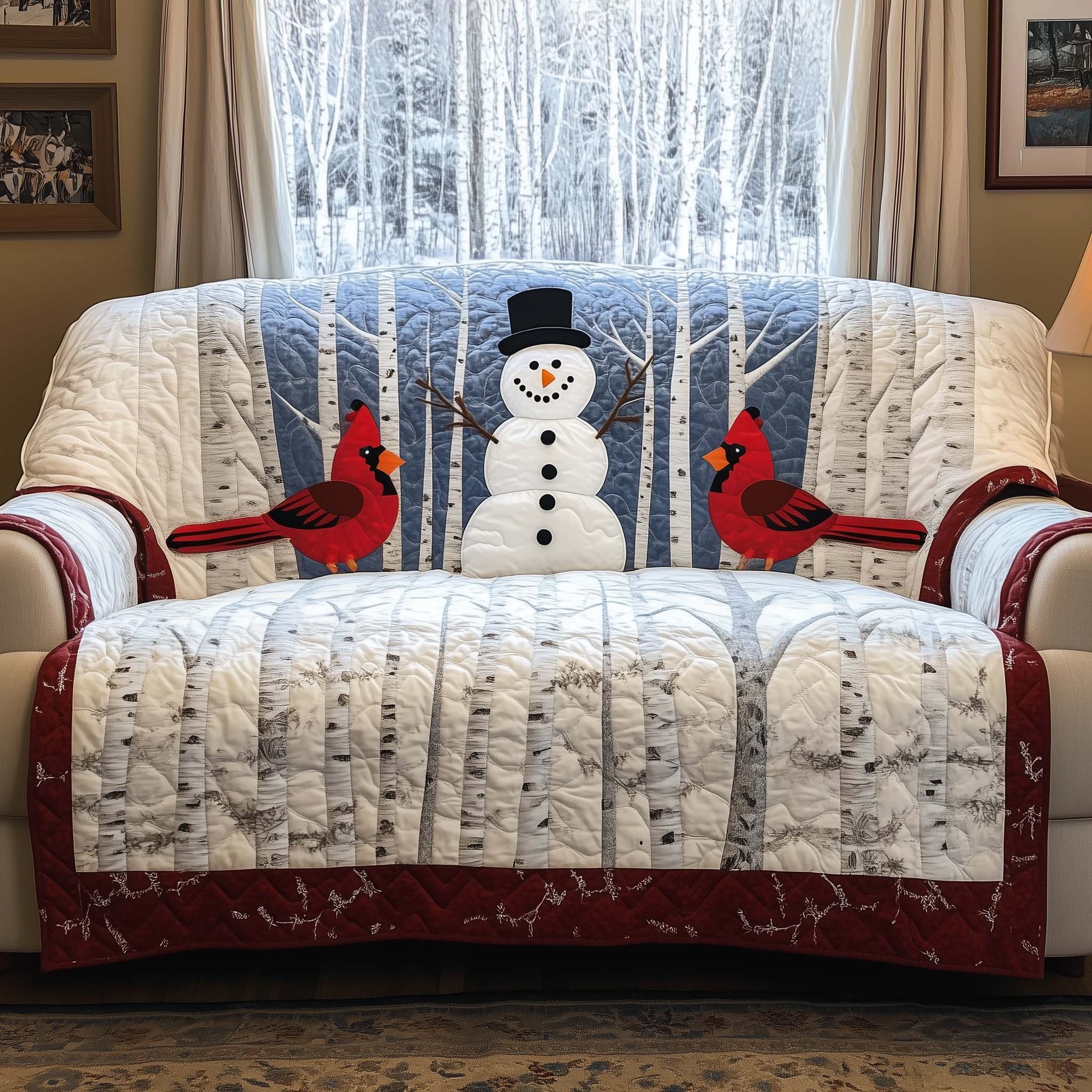 Snowman Quilted Sofa Cover Christmas Home Cute Room Decor Gifts - Tradiviet