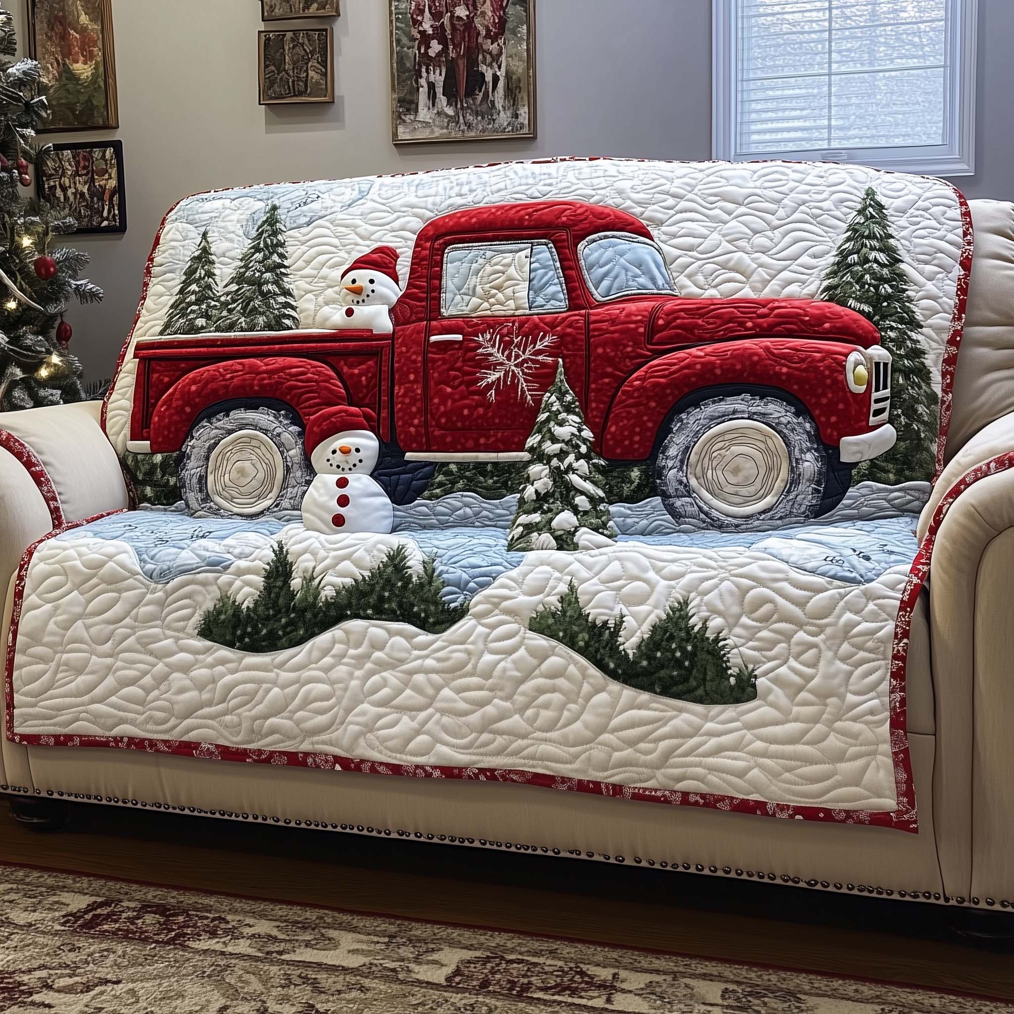 Snowman Quilted Sofa Cover Christmas Home Gifts For Room Decor - Tradiviet