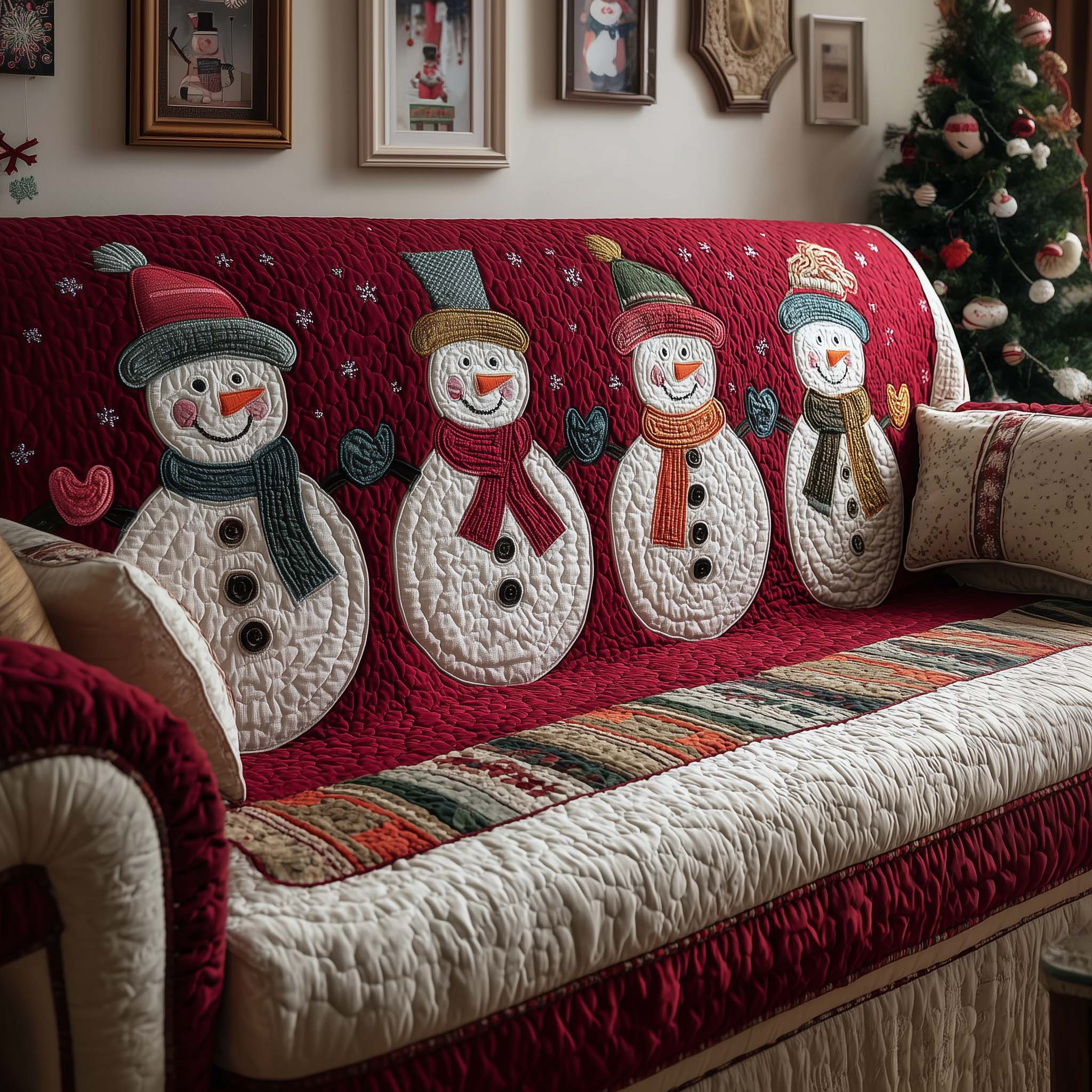 Snowman Row Quilted Sofa Cover Christmas Home Couch Cover Room Gift For Her - Tradiviet
