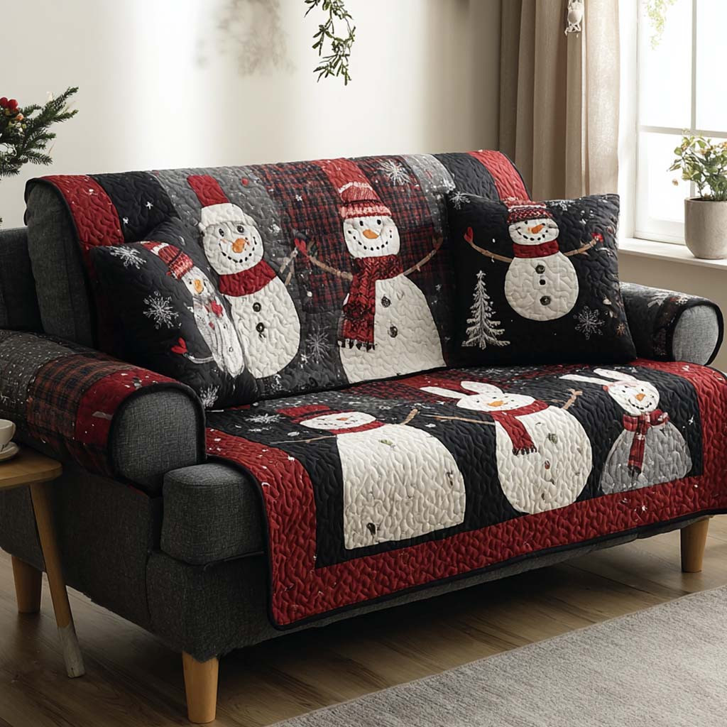 Snowmen on Black Plaid Quilted Sofa Cover Holiday Living Room Decor Christmas Giving Ideas For Families - Tradiviet