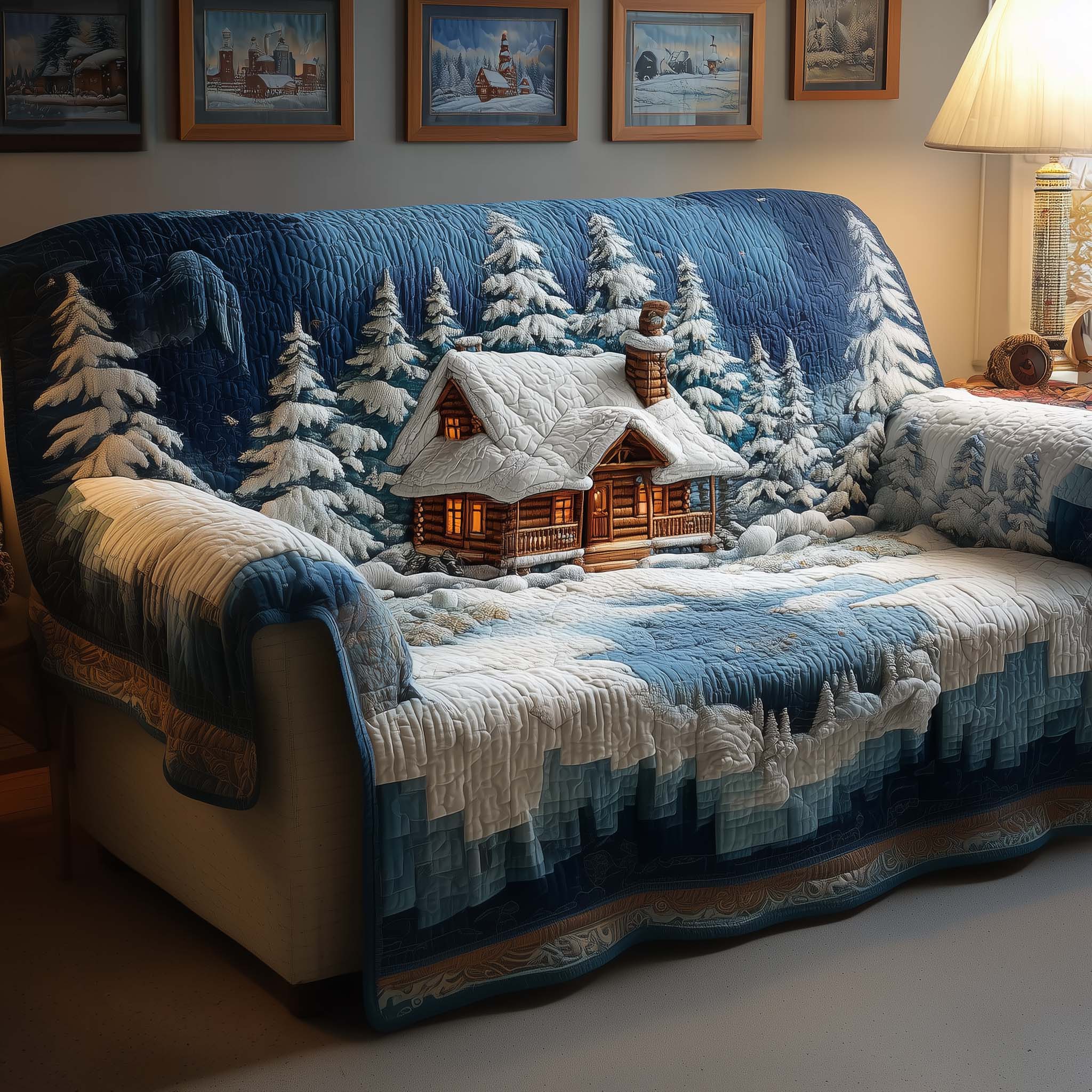 Snowy Cabin Quilted Sofa Cover Cabin Home Couch Cover Gift For Home Lover - Tradiviet