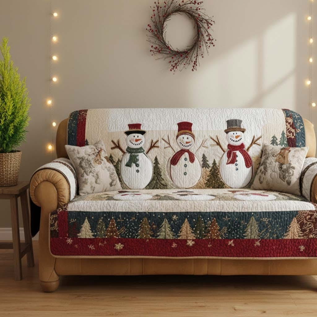 Snowy Friends Quilted Sofa Cover Christmas Living Room Decor Xmas Gifts For Relatives - Tradiviet