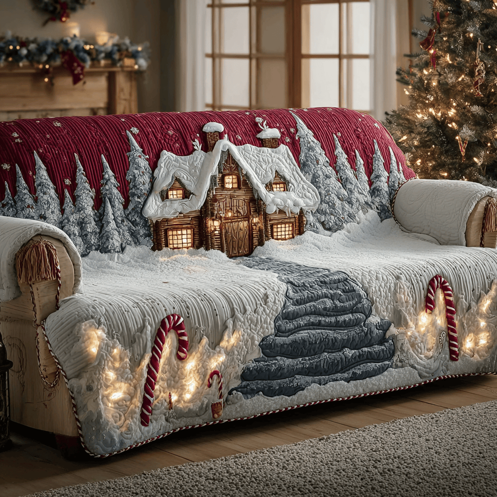 Snowy Lane Quilted Sofa Cover Christmas Couch Cover Gifts To Give Mother In Law For Christmas - Tradiviet