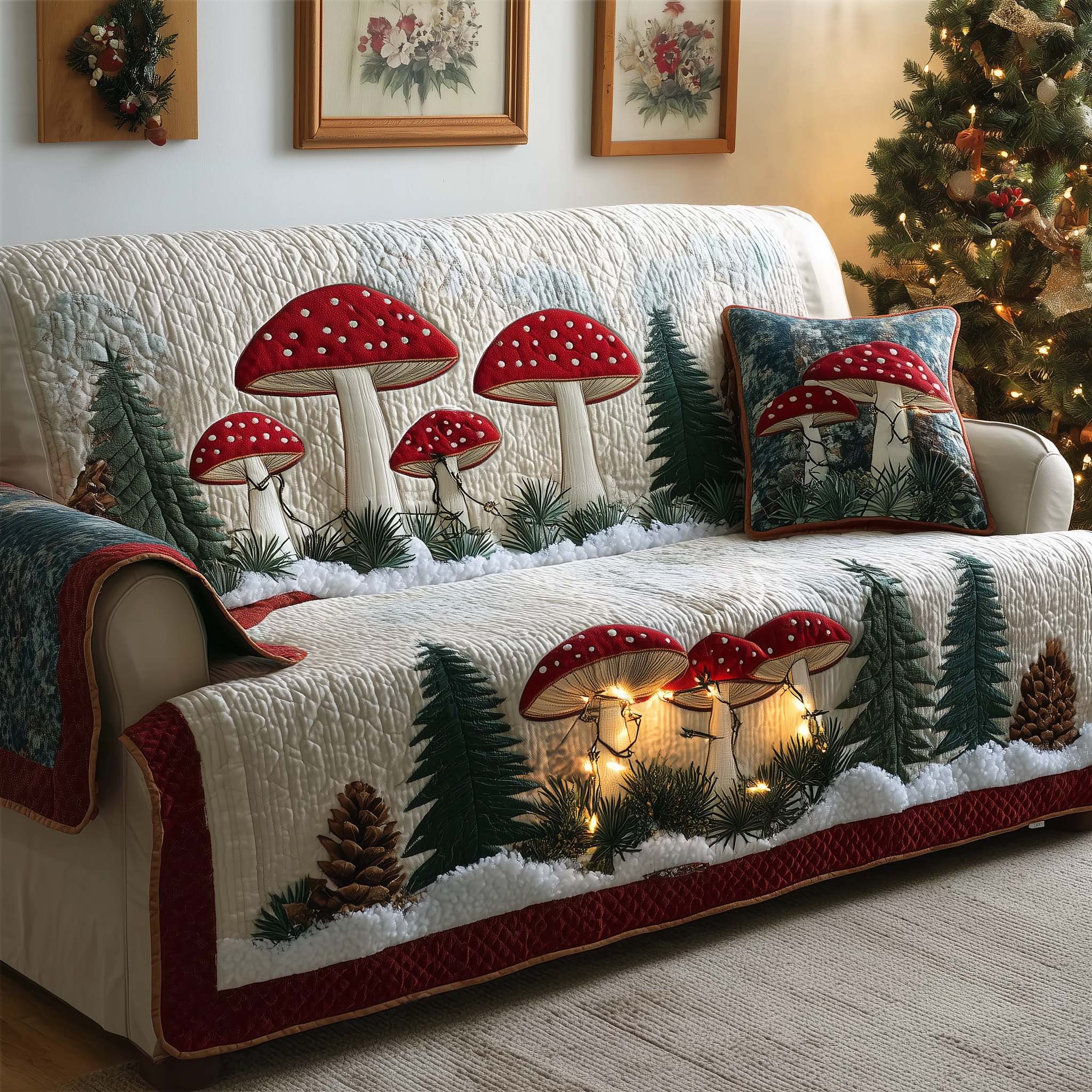 Snowy Mushrooms Quilted Sofa Cover Winter Home Couch Cover Perfect Housewarming Gift Ideas - Tradiviet