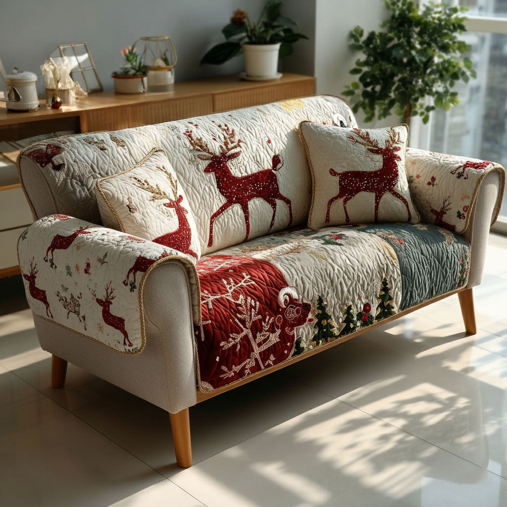 Snowy Reindeer Fantasy Quilted Sofa Cover Holiday Living Decorations Christmas Ideas For Wife - Tradiviet