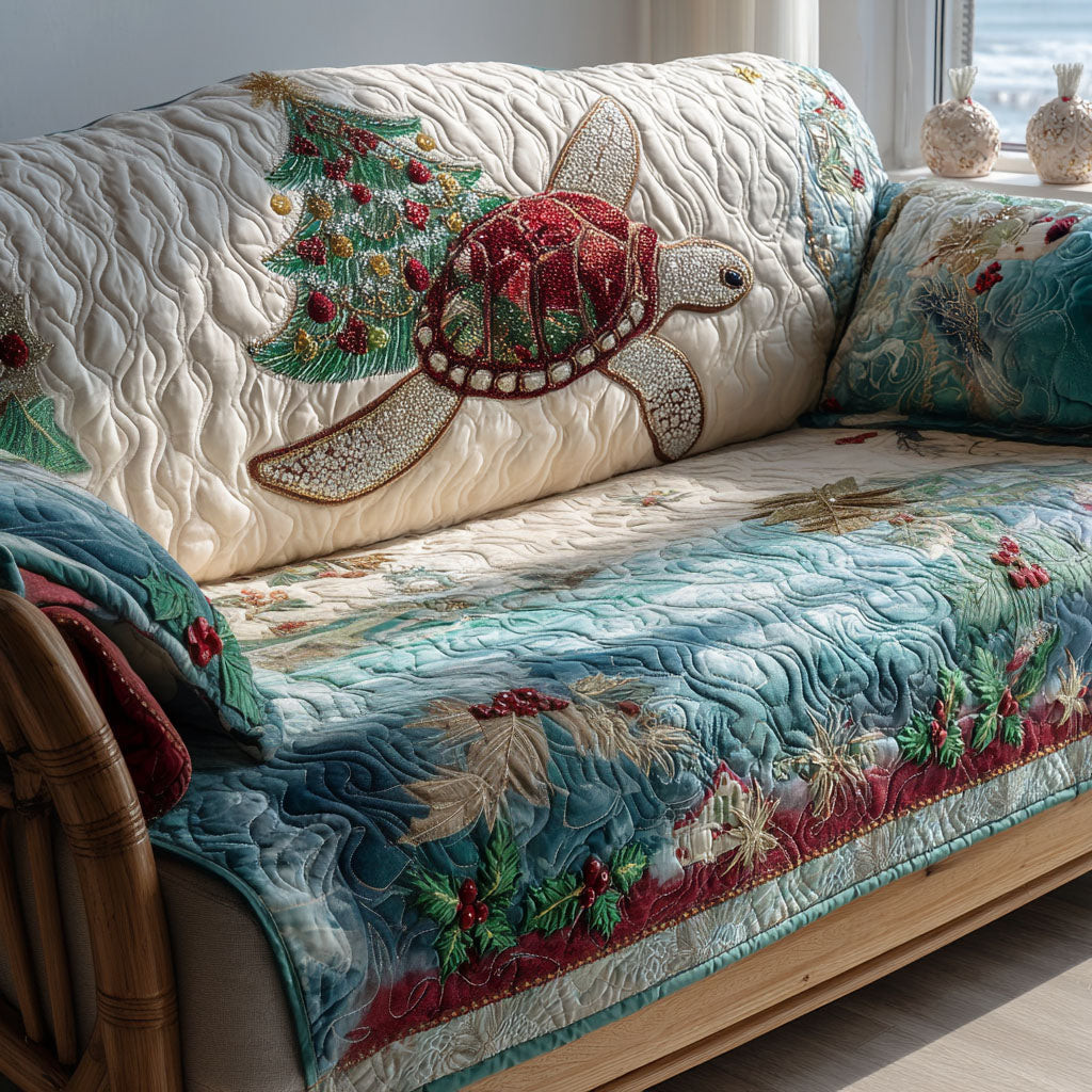 Snowy Shell Turtle Quilted Sofa Cover Christmas Couch Covers Sea Turtle Gift Ideas For Her - Tradiviet