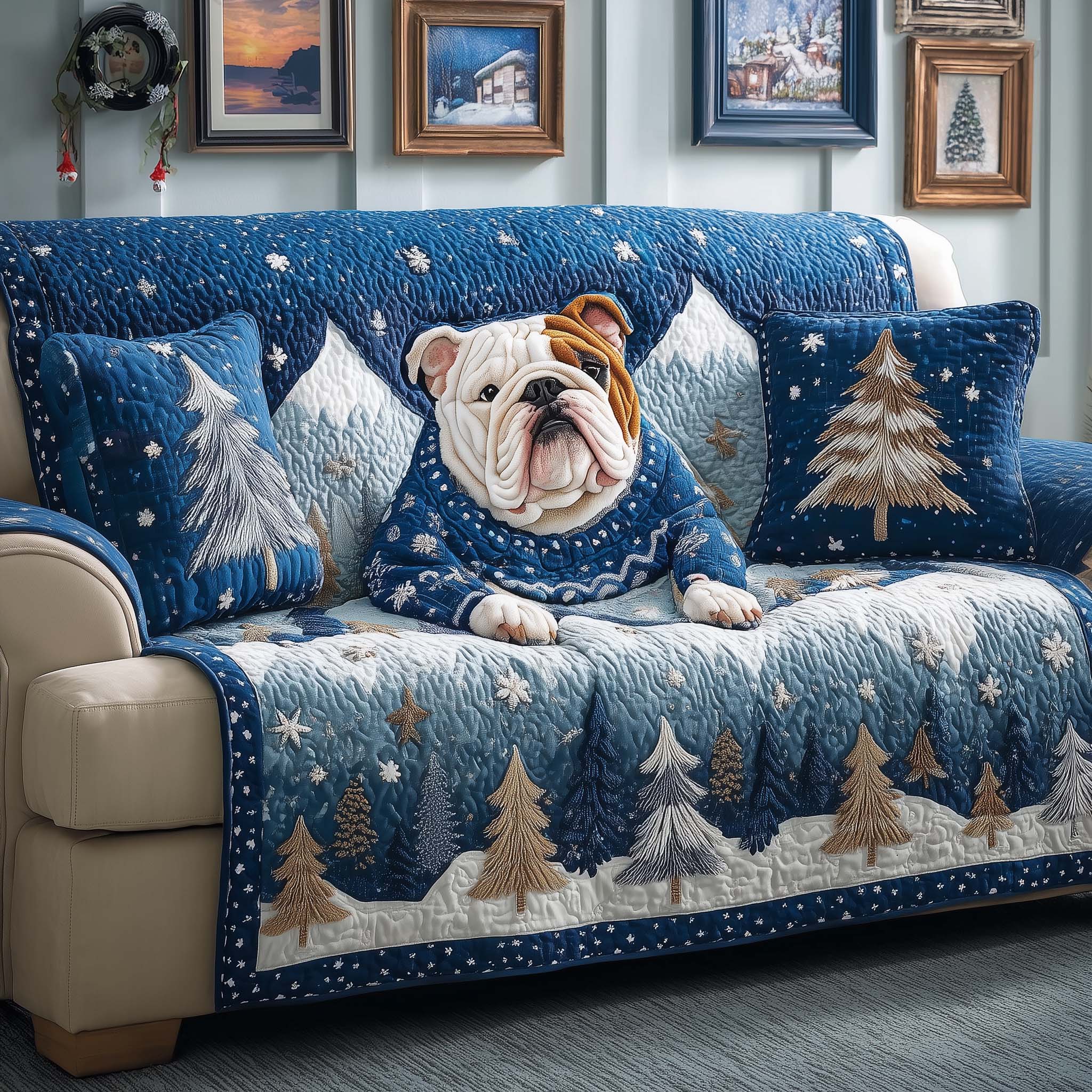 Snowy Sweater Quilted Sofa Cover Winter Home Couch Cover Cozy Home Decor Gifts - Tradiviet