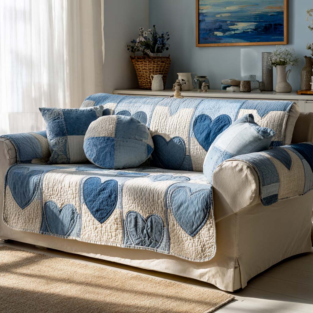 Soft Blue Love Lane Quilted Sofa Cover Cozy Home Room Decor Gift For Room Lovers - Tradiviet