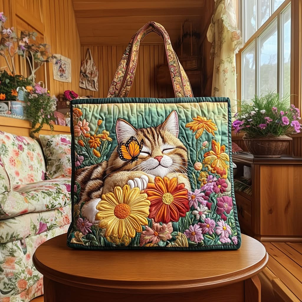 Soft Dreams Kitty Butterfly Quilted Tote Bag Spring Core Bag Gifts For Cat Lovers - Tradiviet
