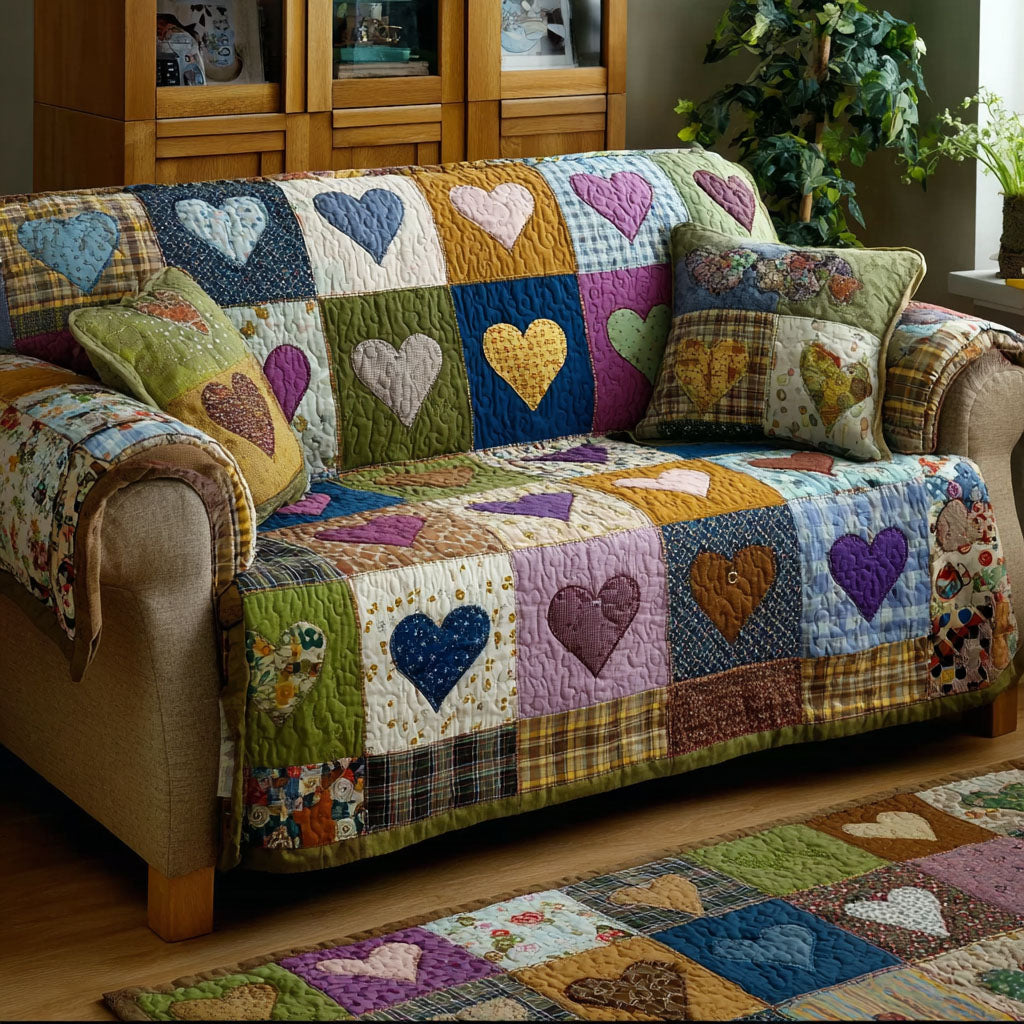 Soft Heart Quilted Sofa Cover Rustic Home Room Decor New Home Gift Ideas - Tradiviet