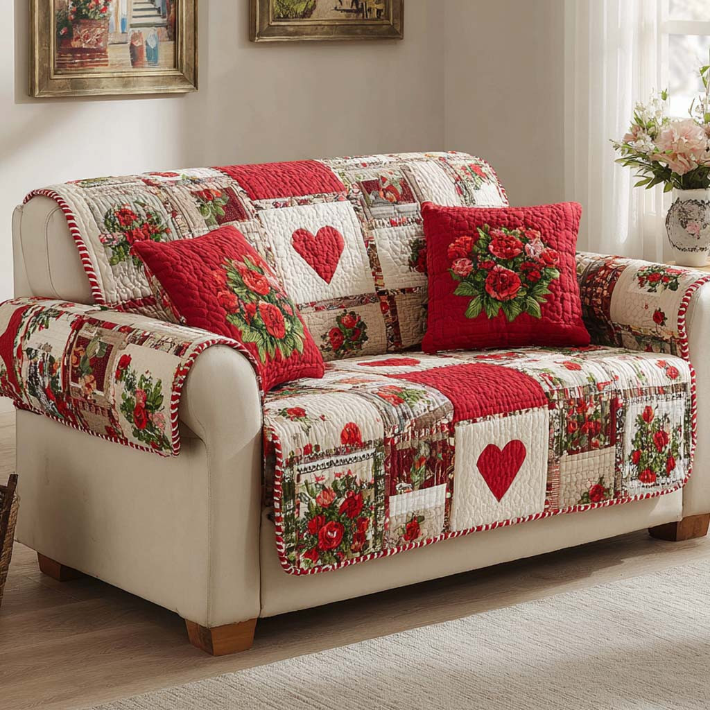 Soft Linen Heart Cottage Quilted Sofa Cover Best Couch Covers Valentine Day Presents For Wife - Tradiviet