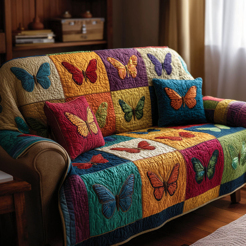 Soft Meadow Wings Quilted Sofa Cover Slipcover Couch Covers Butterfly Theme Gifts - Tradiviet