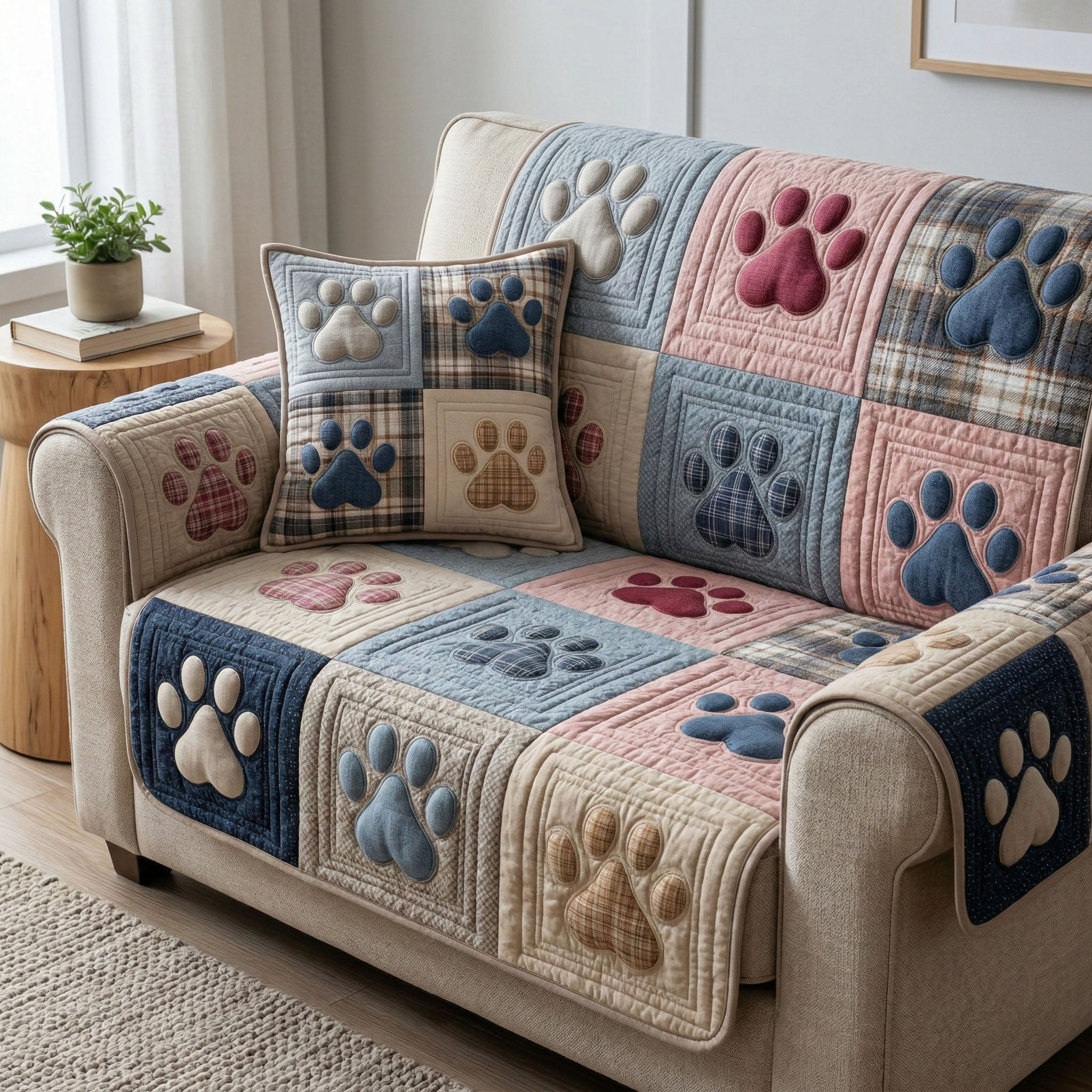 Soft Plaid Paw Quilted Sofa Cover Nice Couch Covers Cute Themed Dog Gift Ideas - Tradiviet