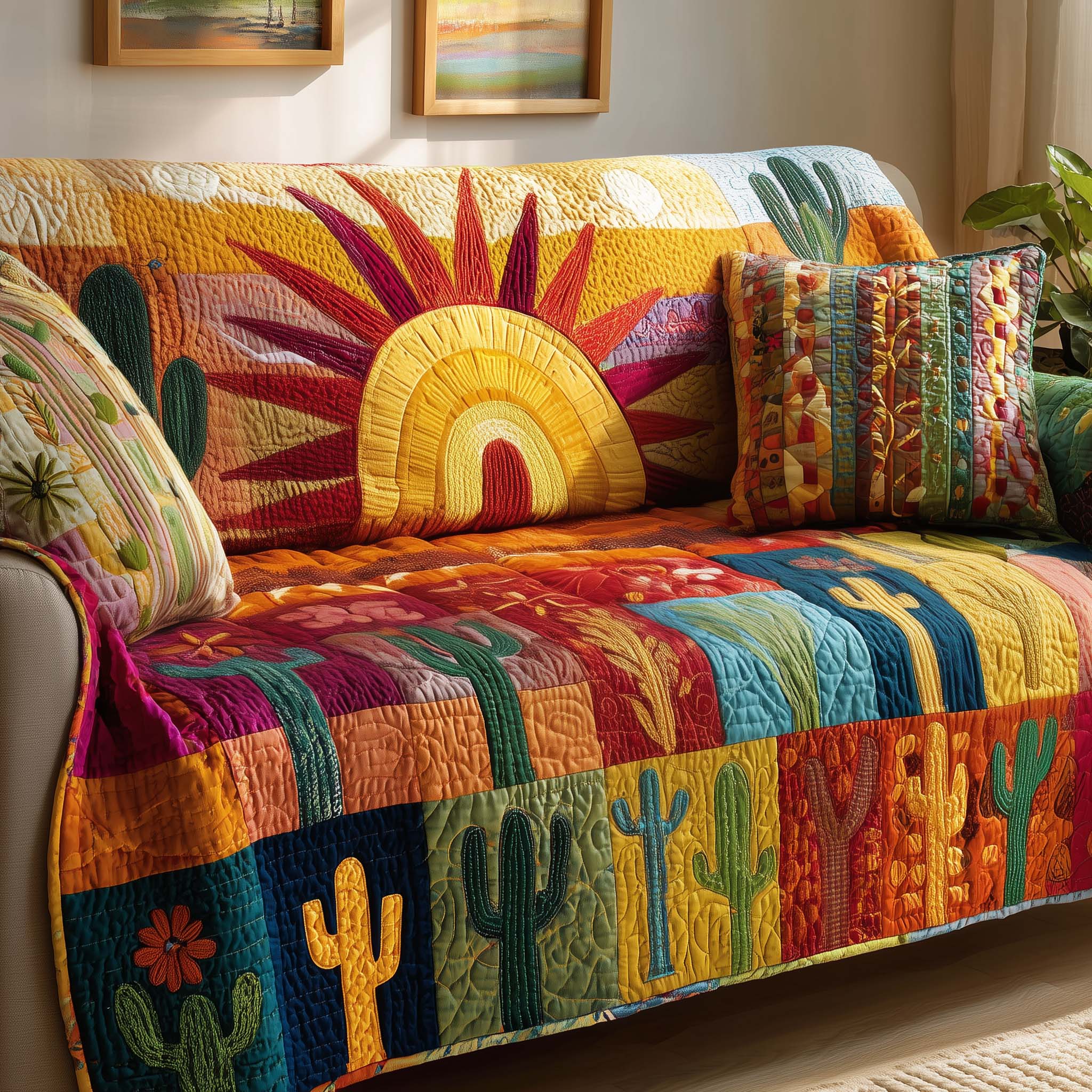 Solar Cactus Quilted Sofa Cover Southwest Home Couch Cover Home Gift For Her - Tradiviet