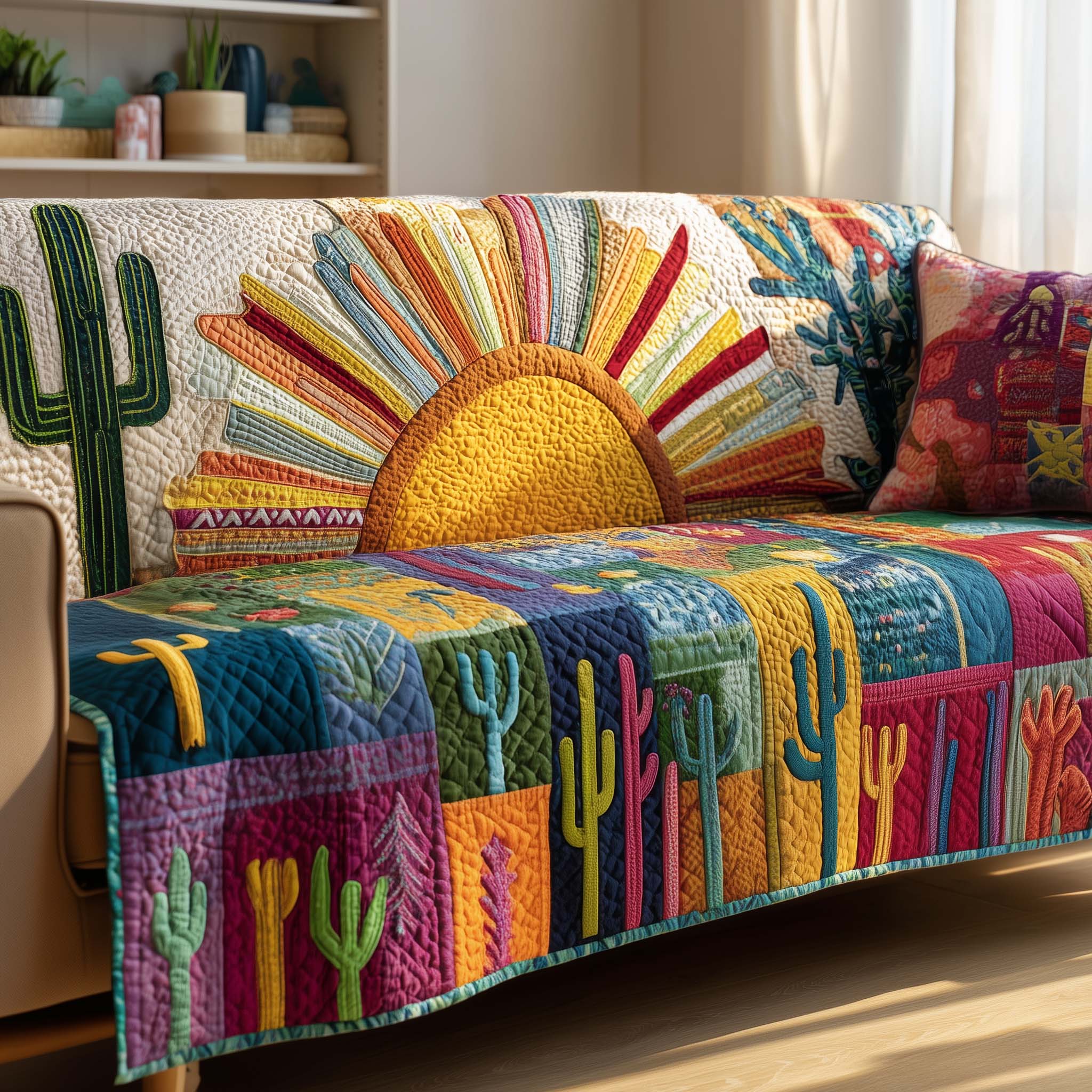 Solar Cactus Quilted Sofa Cover Southwest Home Couch Cover Home Gifts For Her - Tradiviet