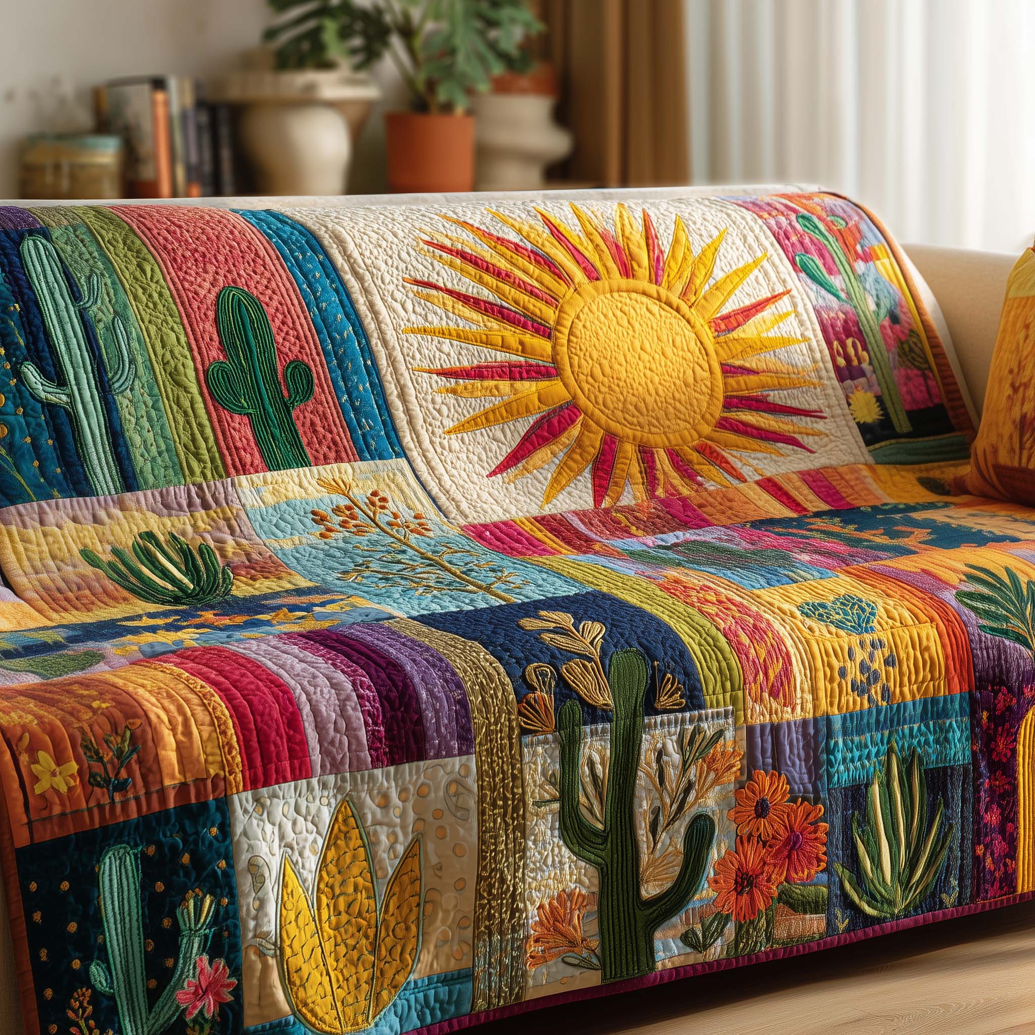 Solar Cactus Quilted Sofa Cover Southwest Home Couch Cover Home Gifts For Him - Tradiviet