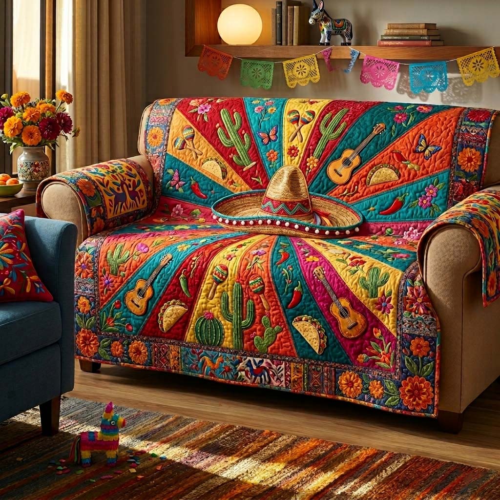 Sombrero Sunburst Quilted Sofa Cover Fiesta Home Couch Cover Gift For Room Decor - Tradiviet