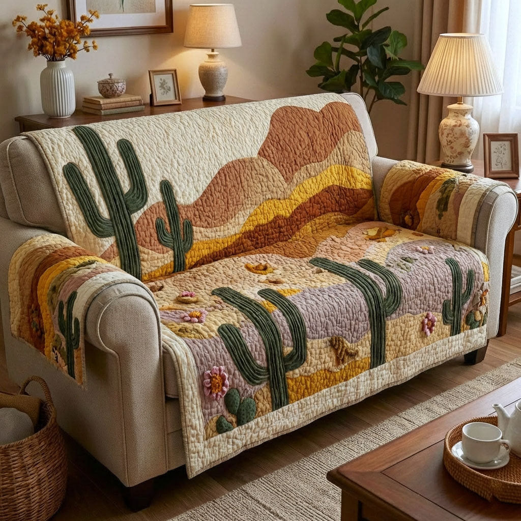 Southwest Sunset Quilted Sofa Cover Large Couch Cover Best Cactus Gifts - Tradiviet