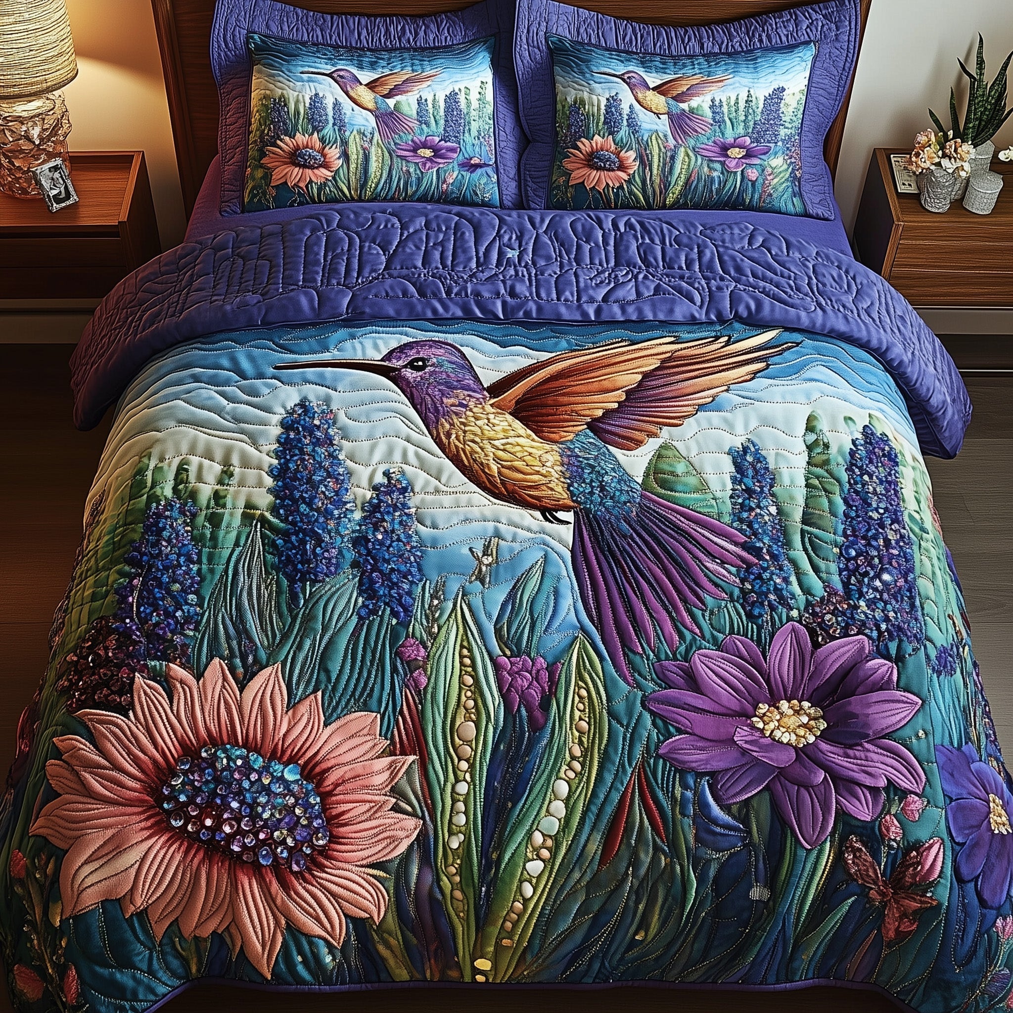 Sparkling Hummingbird Quilted Bedding Set Sparkling Hummingbird Aesthetic Unique Bird Gifts - Tradiviet