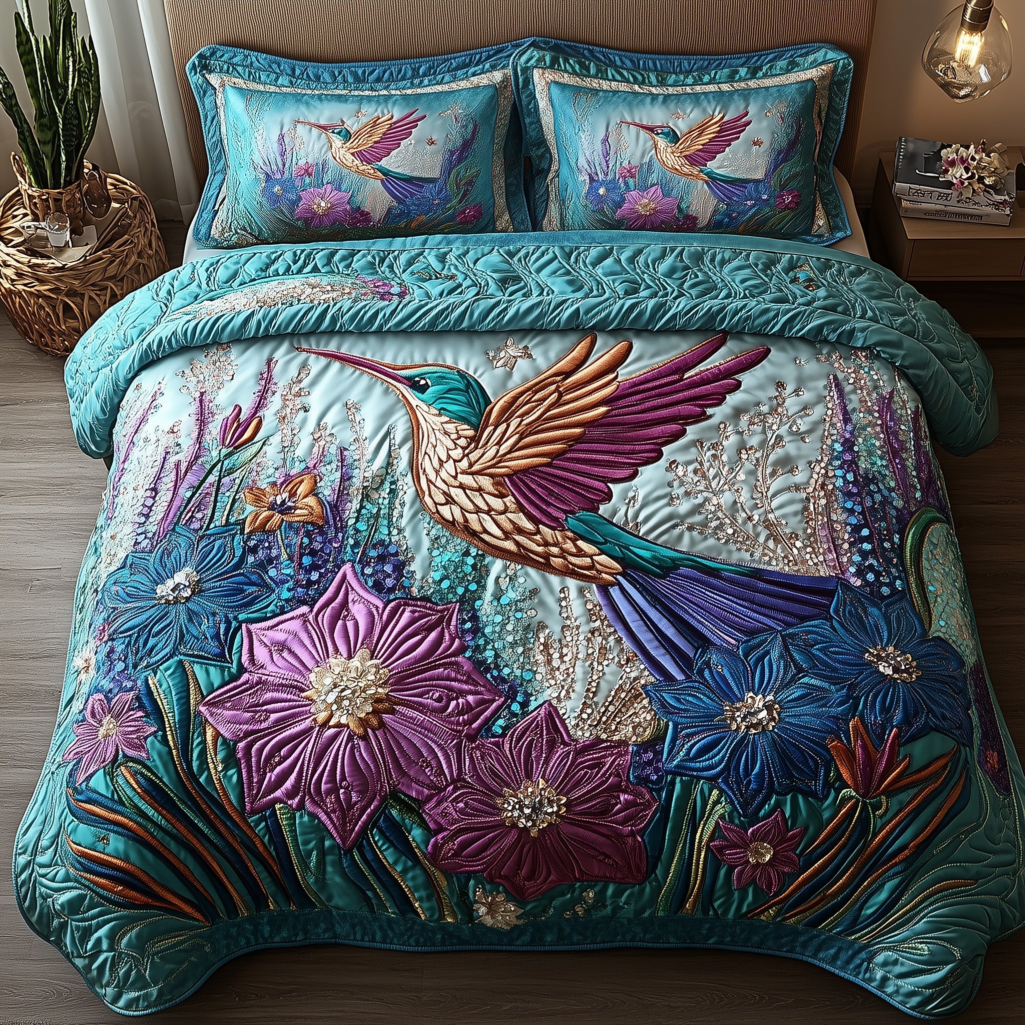 Sparkling Hummingbird Quilted Bedding Set Sparkling Hummingbird Beauty Top Bird Lover Gifts - Tradiviet