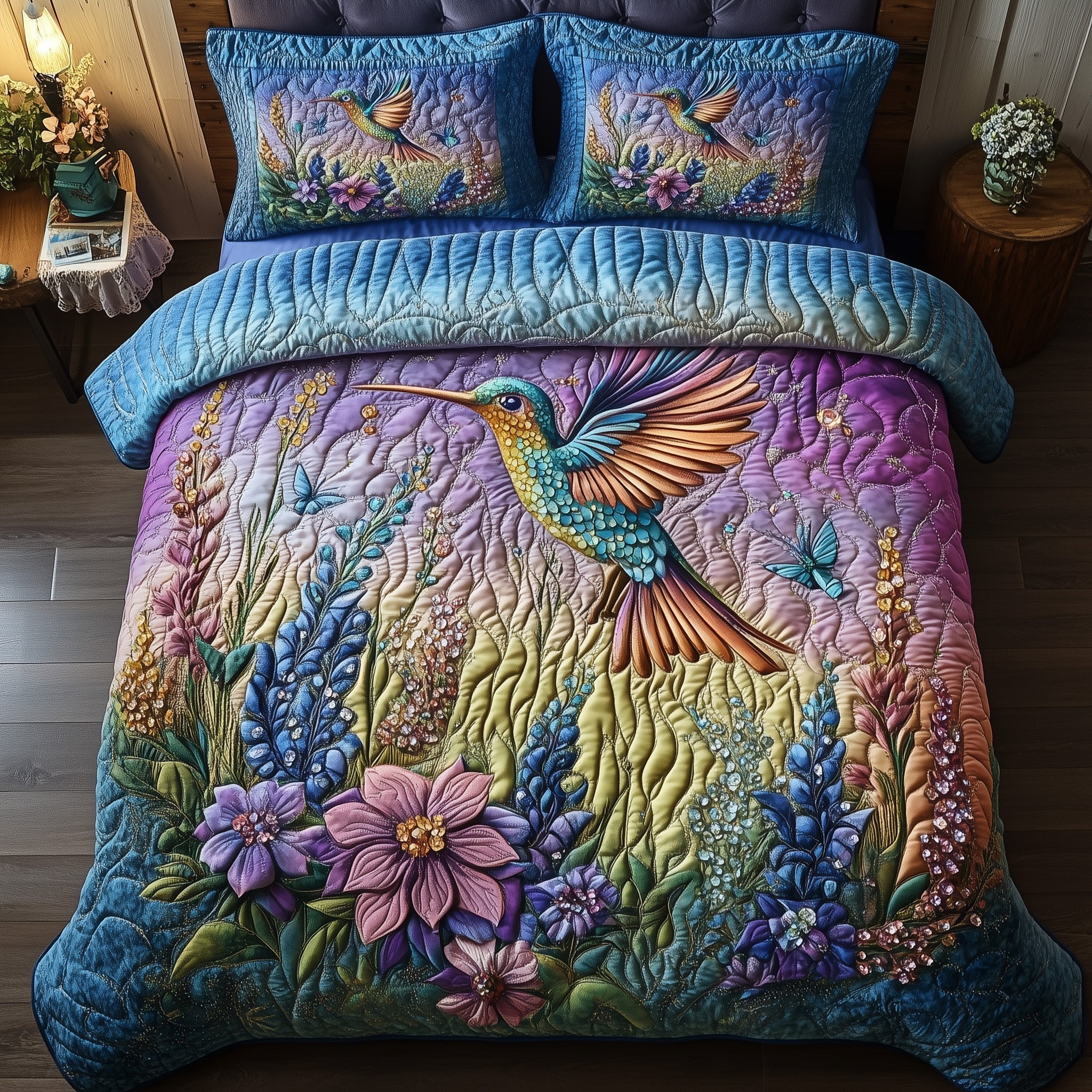 Sparkling Hummingbird Quilted Bedding Set Sparkling Hummingbird Expression Bird Lover Gifts - Tradiviet