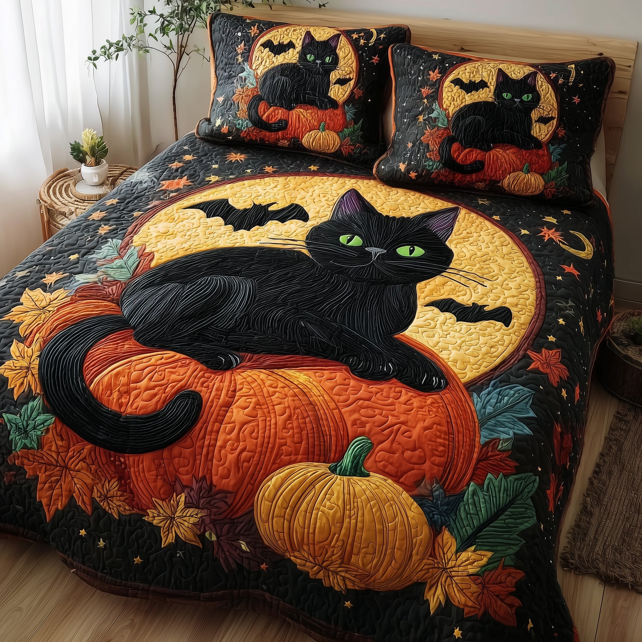 Spooky Black Cat Quilted Bedding Set Spooky Black Arrangement Gift For Black Dad - Tradiviet