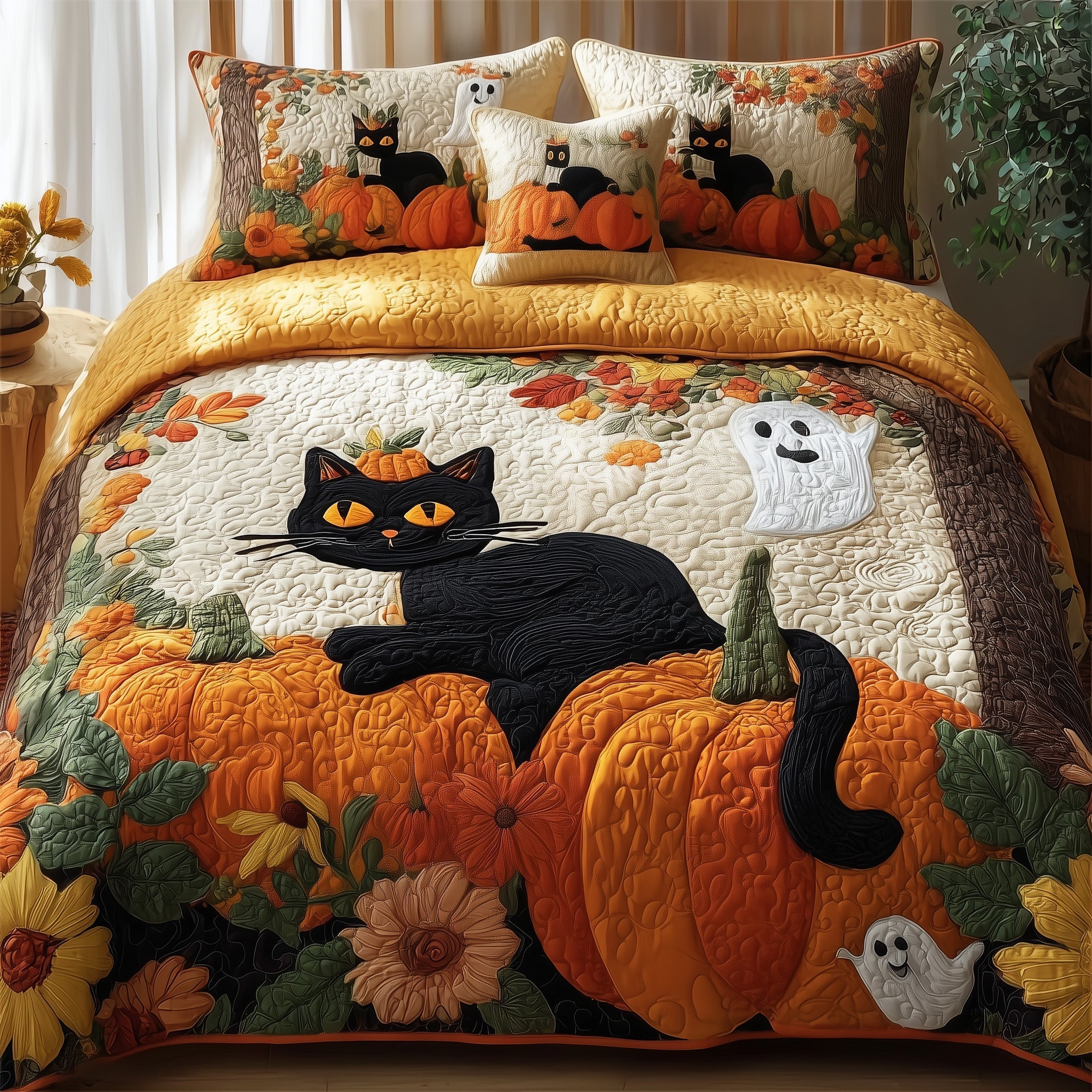 Spooky Black Cat Quilted Bedding Set Spooky Black Desert Gift For Black Lovers - Tradiviet