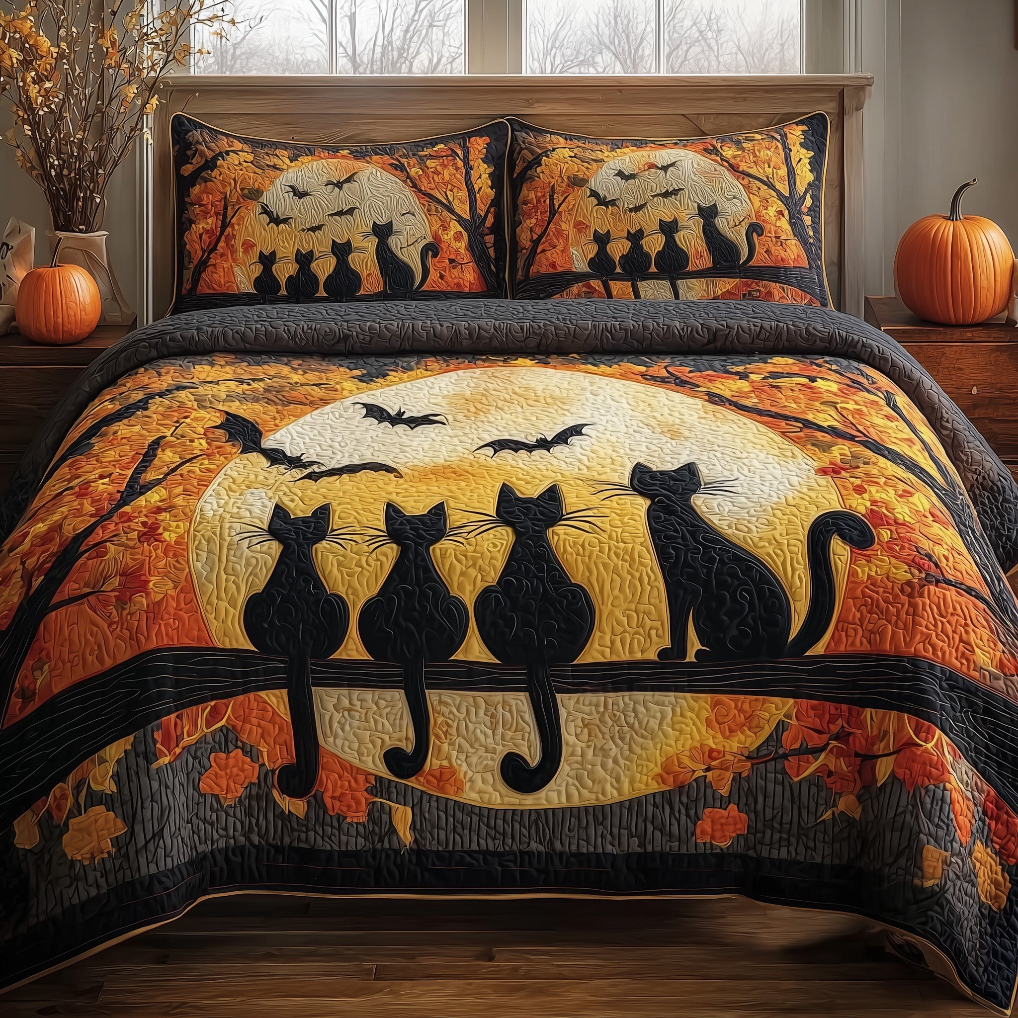 Spooky Black Cat Quilted Bedding Set Spooky Black Design Gift For Cat Mom - Tradiviet