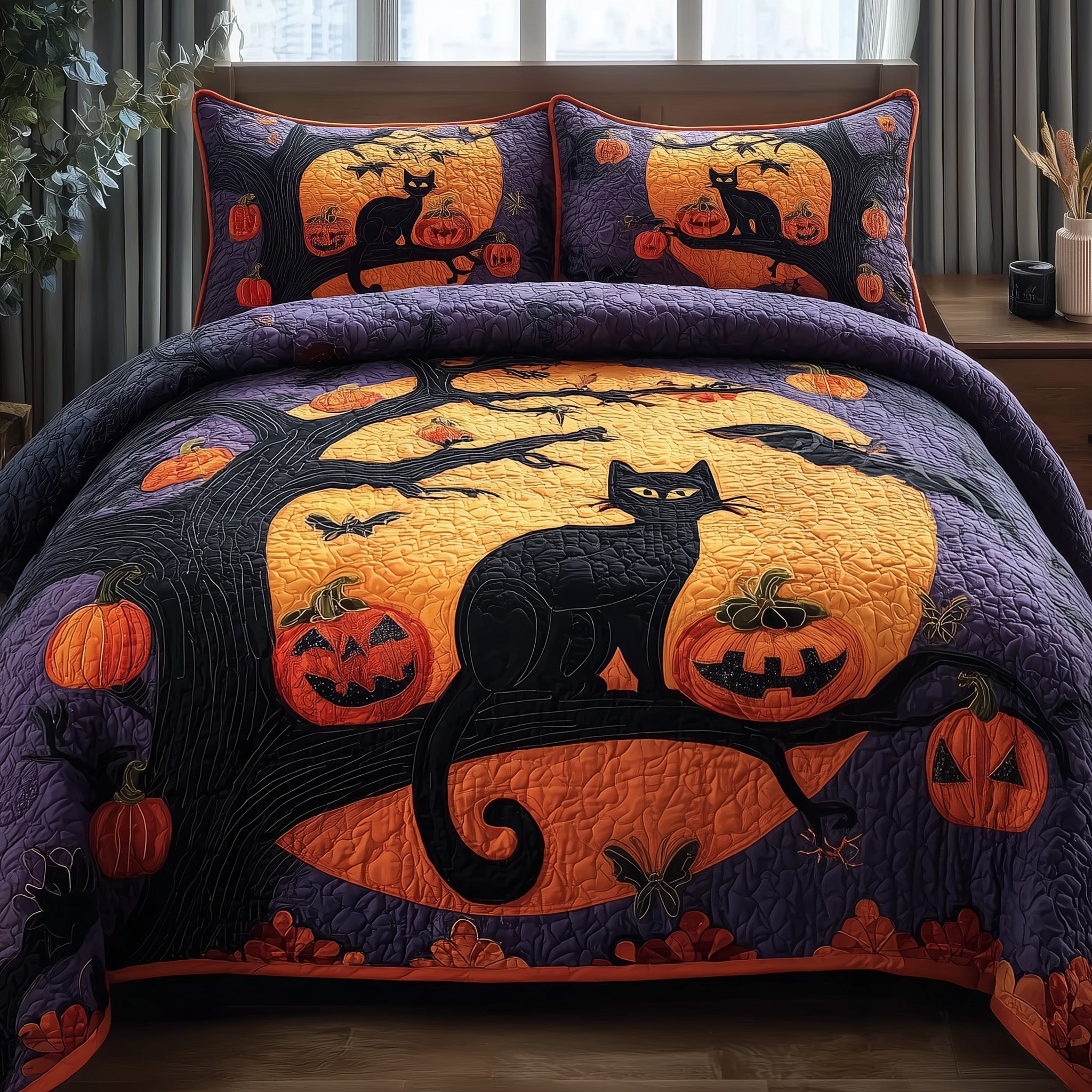 Spooky Black Cat Quilted Bedding Set Spooky Black Masterpiece Gift For Black Friends - Tradiviet