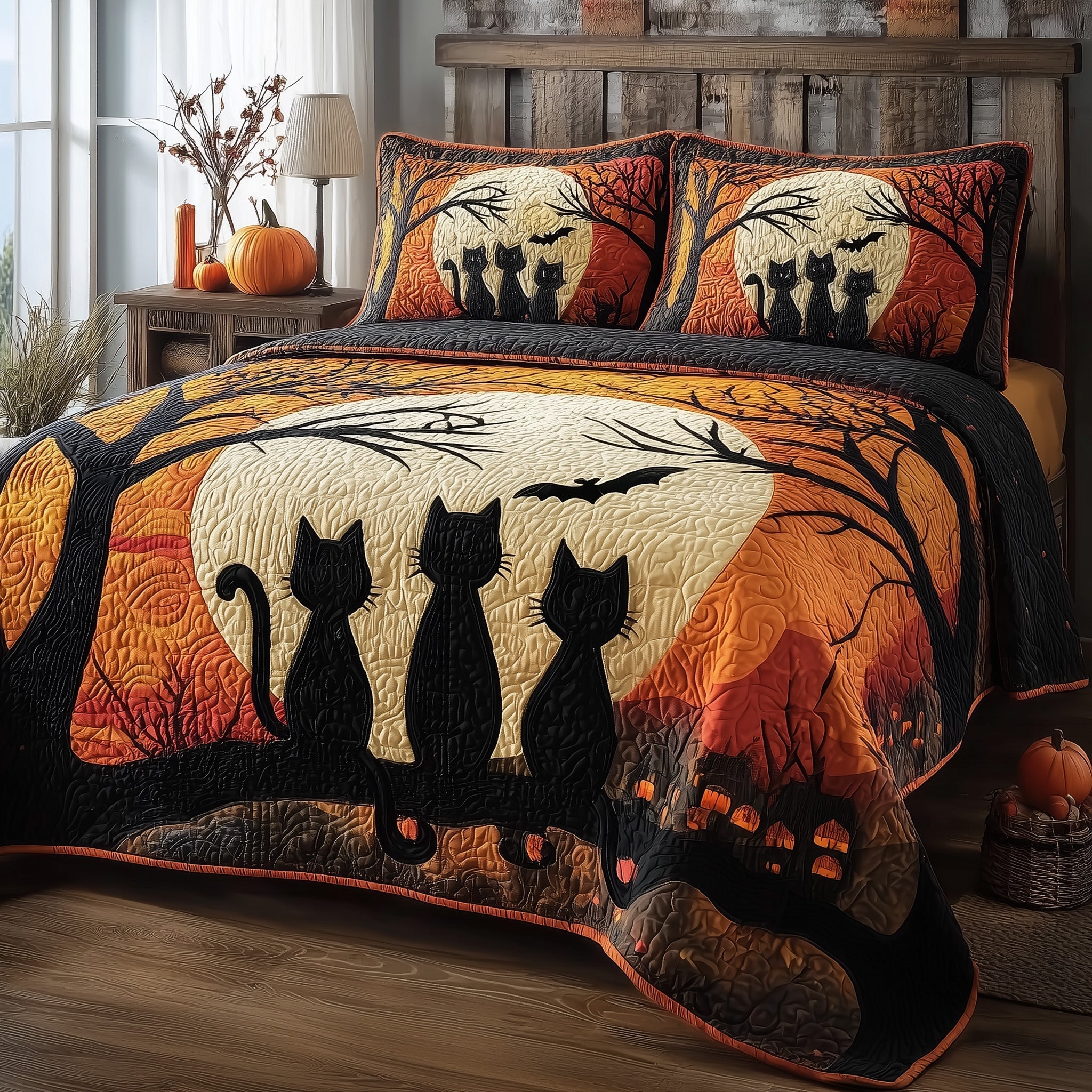 Spooky Black Cat Quilted Bedding Set Spooky Black Moonlight Gift For Black Fans - Tradiviet