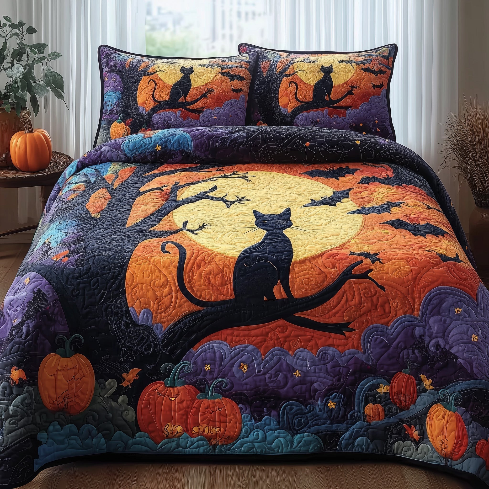 Spooky Black Cat Quilted Bedding Set Spooky Black Motif Gift For Black Family - Tradiviet