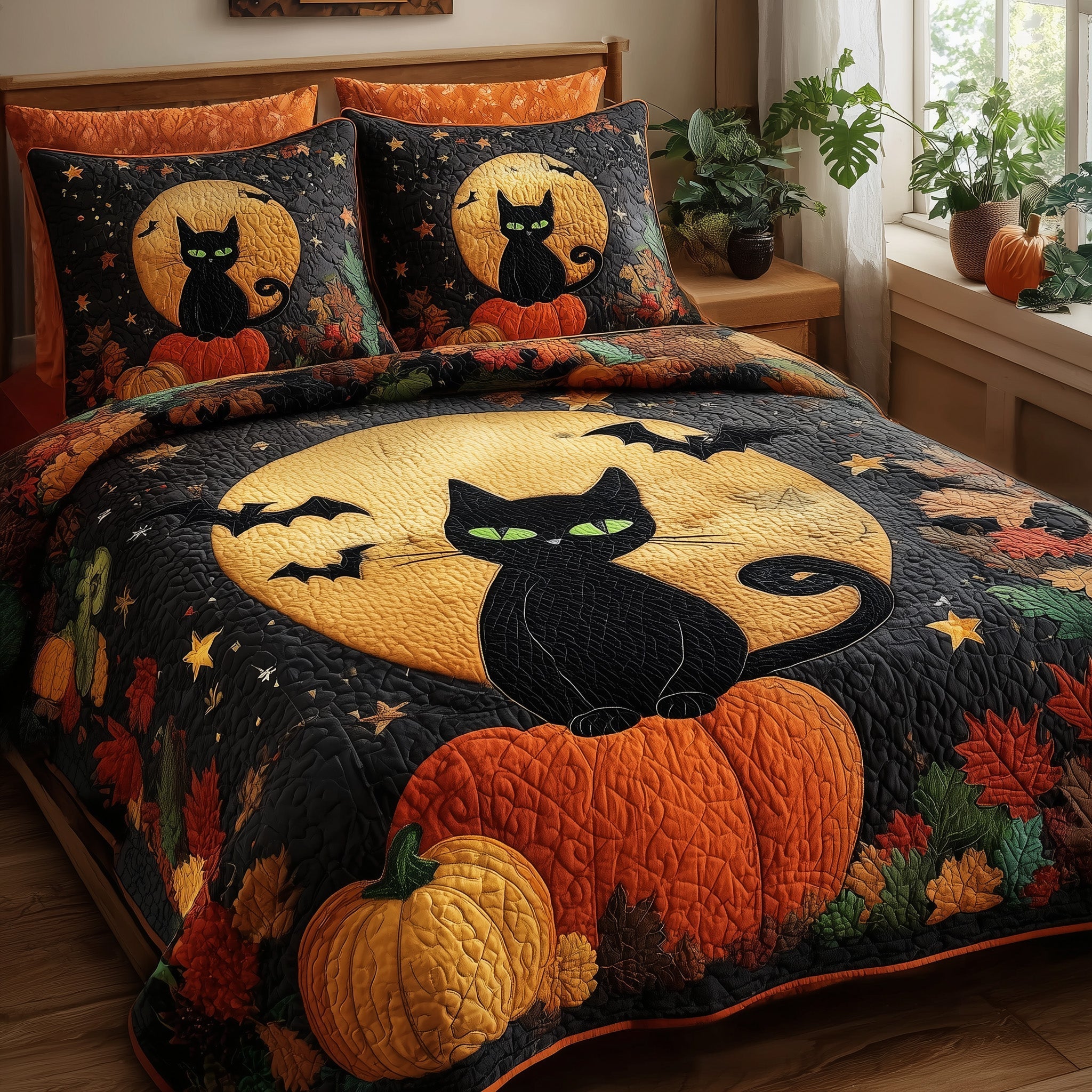 Spooky Black Cat Quilted Bedding Set Spooky Black Scene Gift For Black Mom - Tradiviet