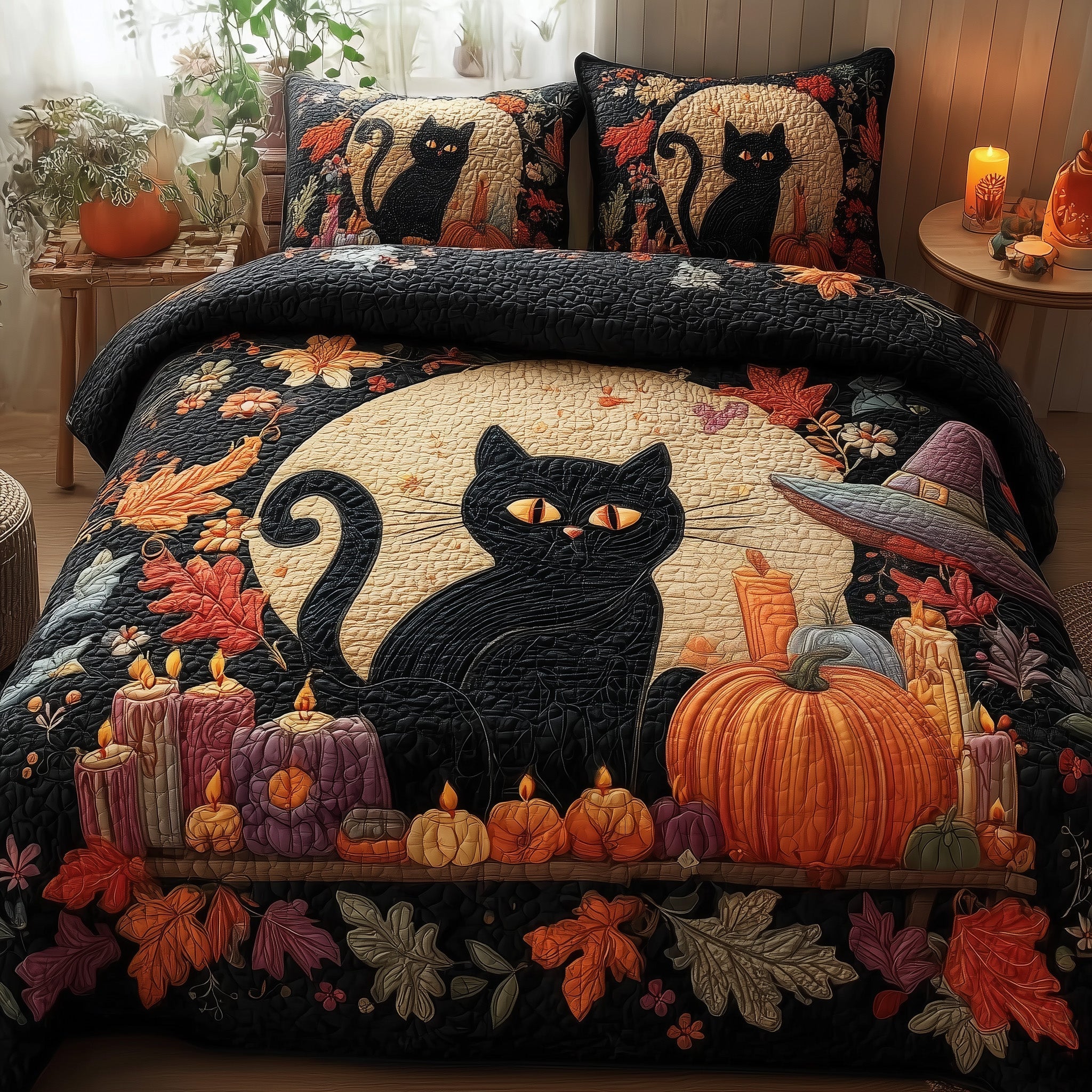 Spooky Black Cat Quilted Bedding Set Spooky Black Trail Gift For Spooky Cat - Tradiviet