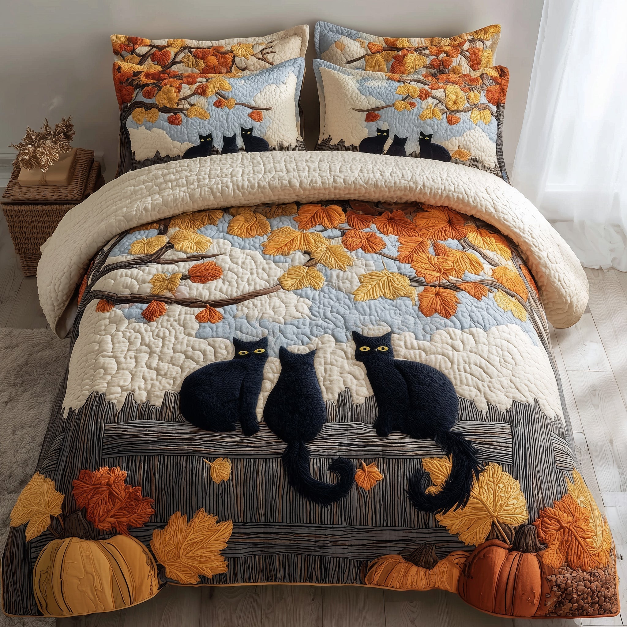 Spooky Black Cat Quilted Bedding Set Spooky Black Wildlife Gift For Spooky Black - Tradiviet