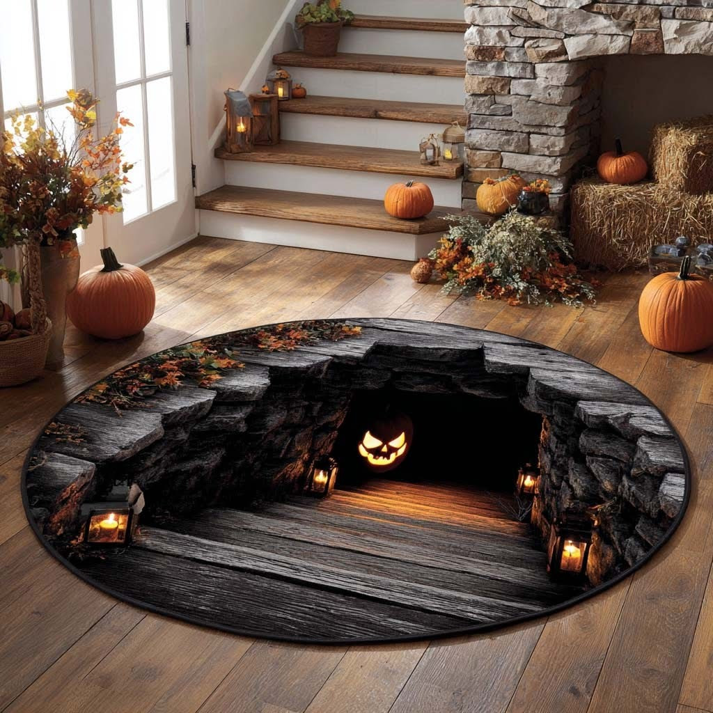 Spooky Pumpkin Halloween Quilted Round Mat Circle Rug Floor Decoration Themed Gifts - Tradiviet