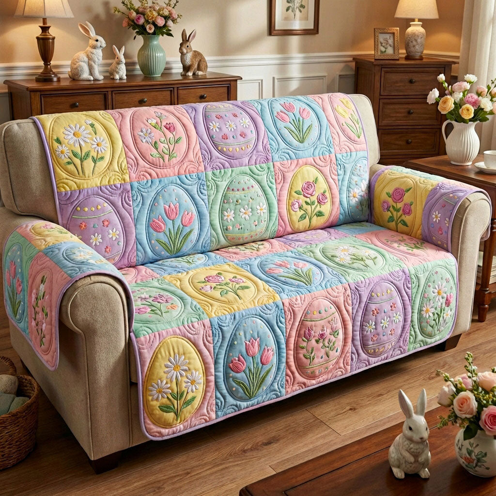 Spring Egg Parade Quilted Sofa Cover Seasonal Home Room Decor Perfect Housewarming Gift Ideas - Tradiviet